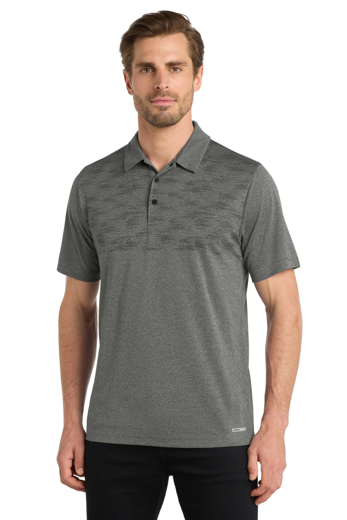 DISCONTINUED OGIO Gravitate Polo. OG140 - Dark Heather Grey - front