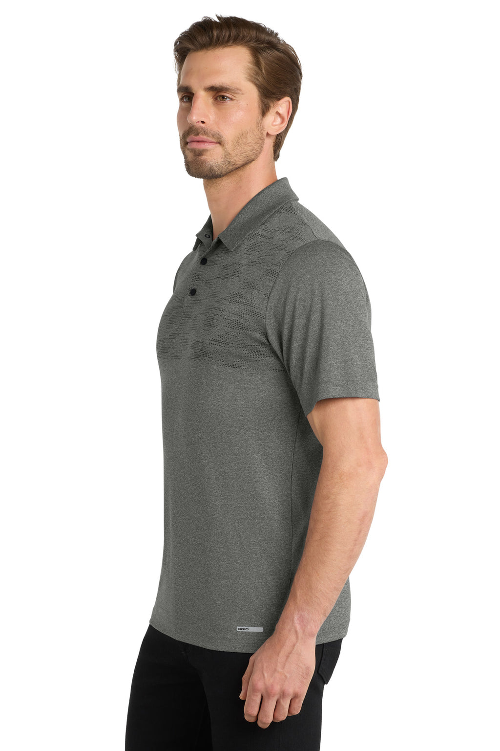 DISCONTINUED OGIO Gravitate Polo. OG140 - Dark Heather Grey - side