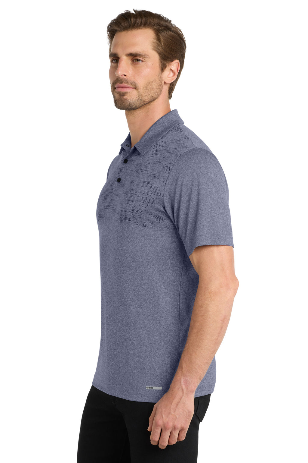 DISCONTINUED OGIO Gravitate Polo. OG140 - Navy Heather - side