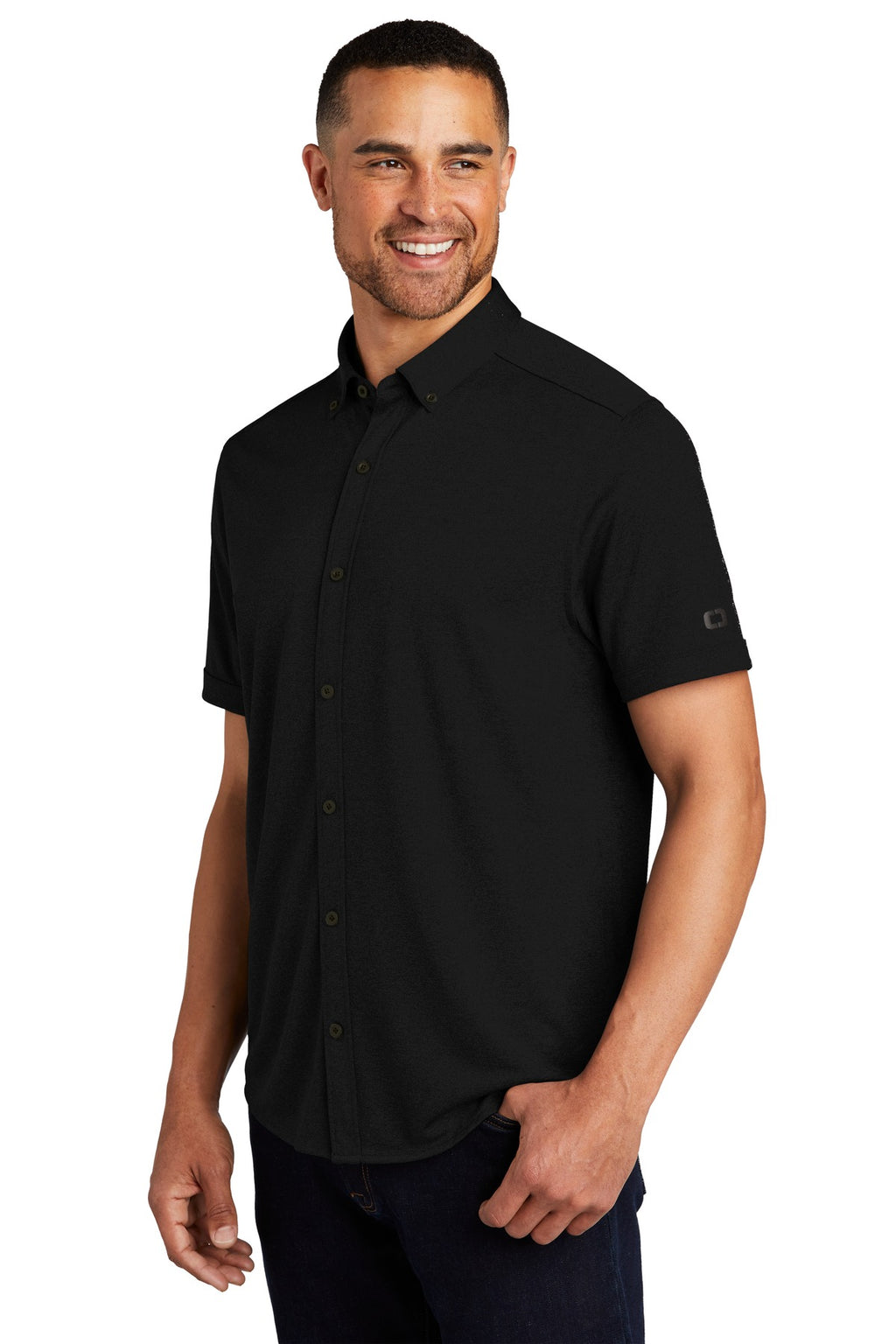 OGIO Gravitate Full-Button Polo. OG141 - Blacktop - three_q