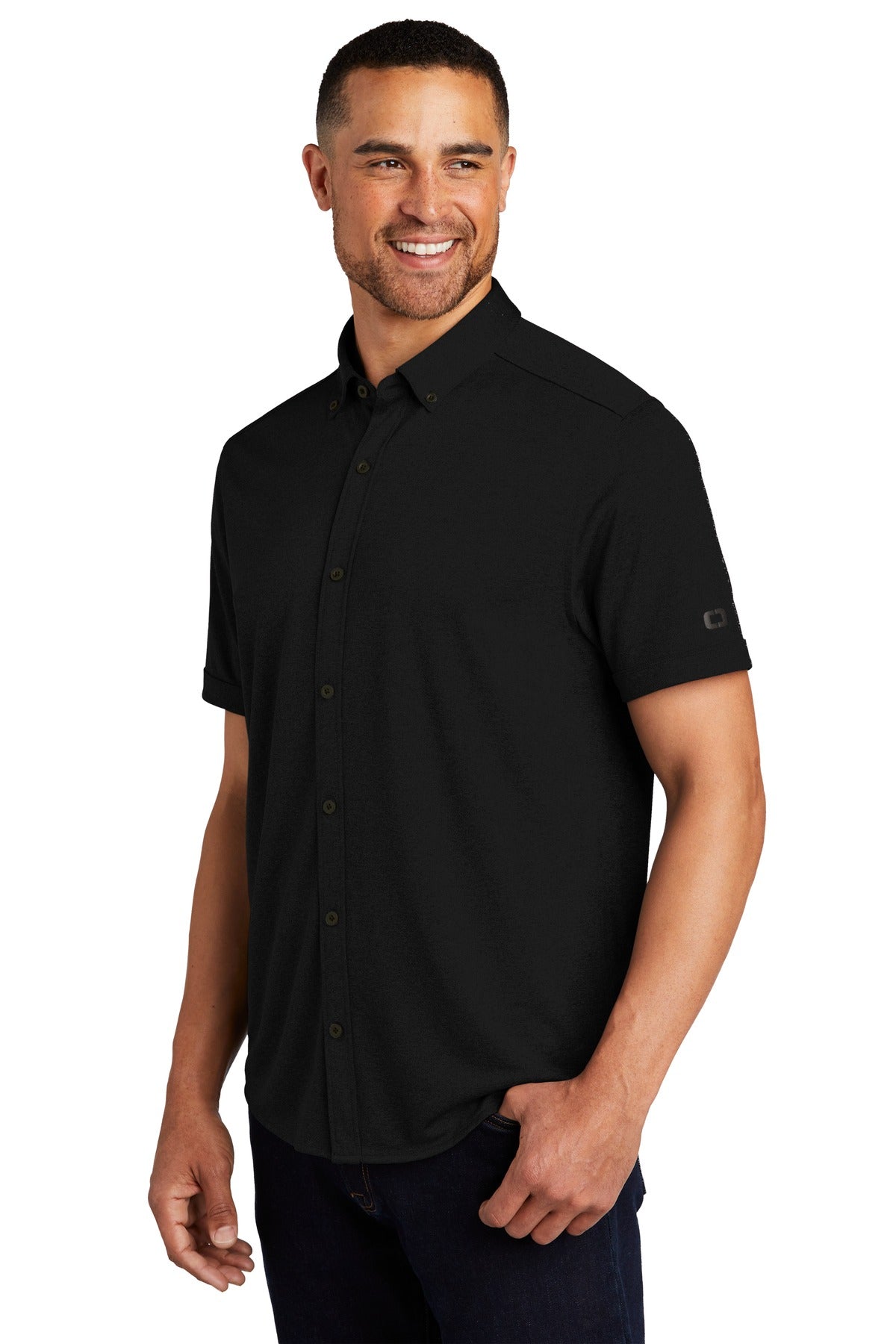 OGIO Gravitate Full-Button Polo. OG141 - Blacktop - three_q