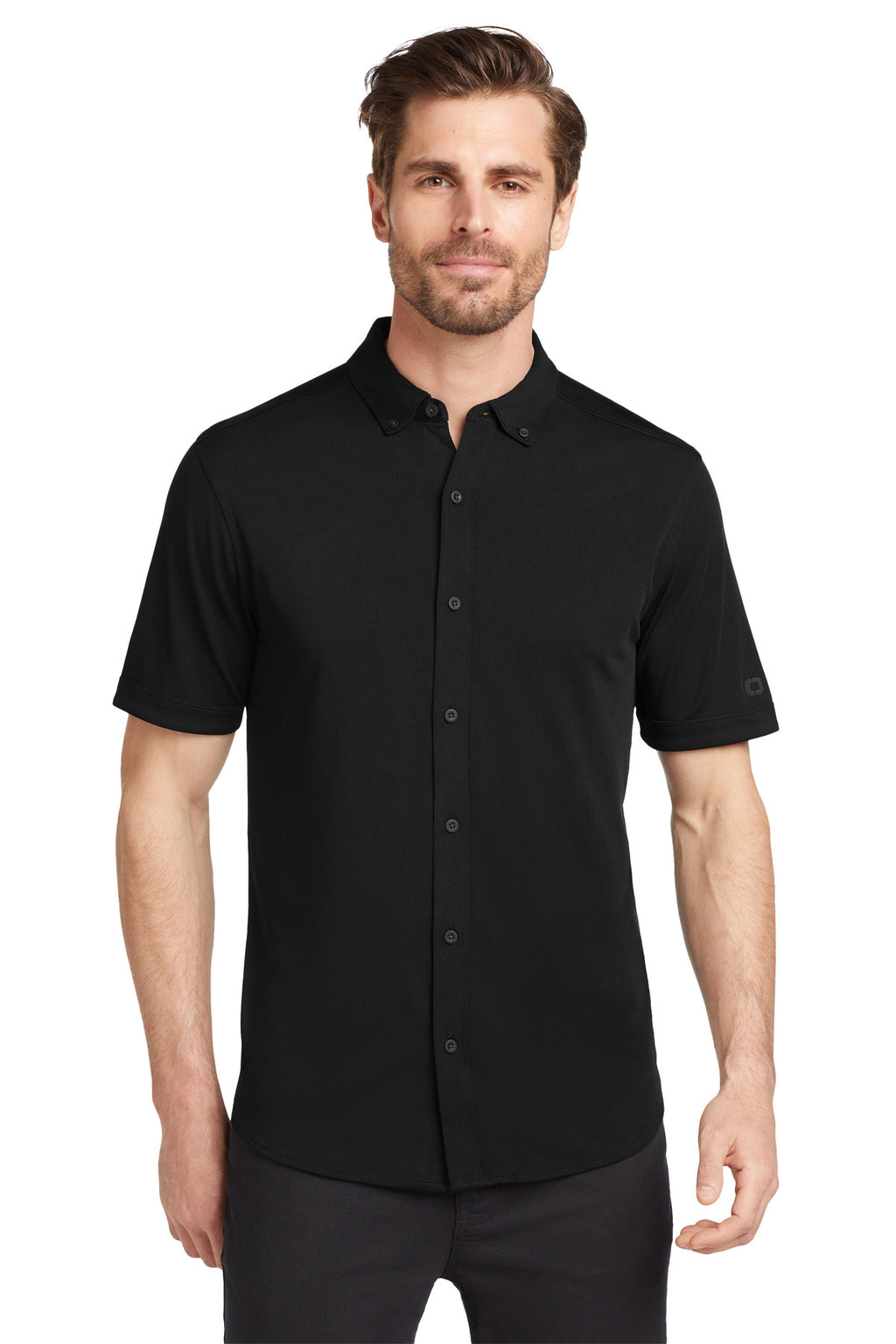 OGIO Gravitate Full-Button Polo. OG141 - Blacktop - front