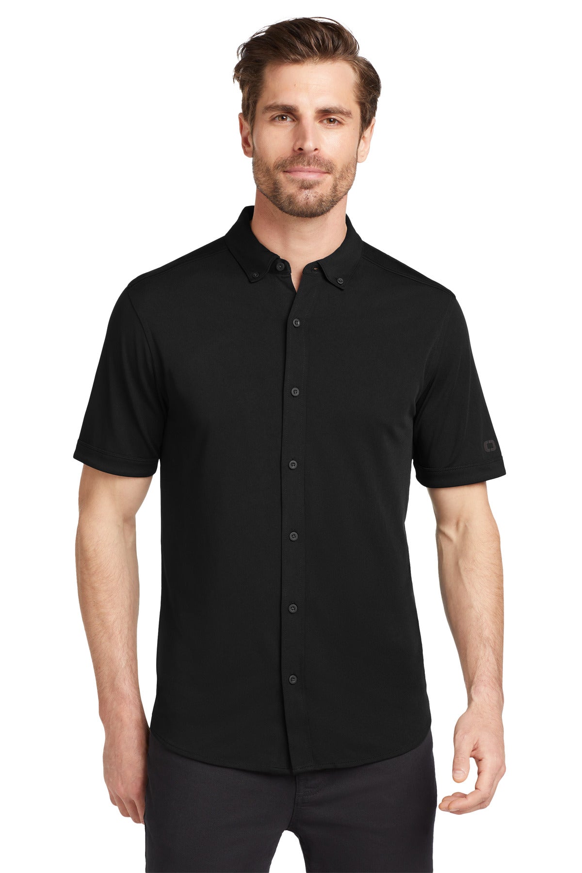 OGIO Gravitate Full-Button Polo. OG141 - Blacktop - front