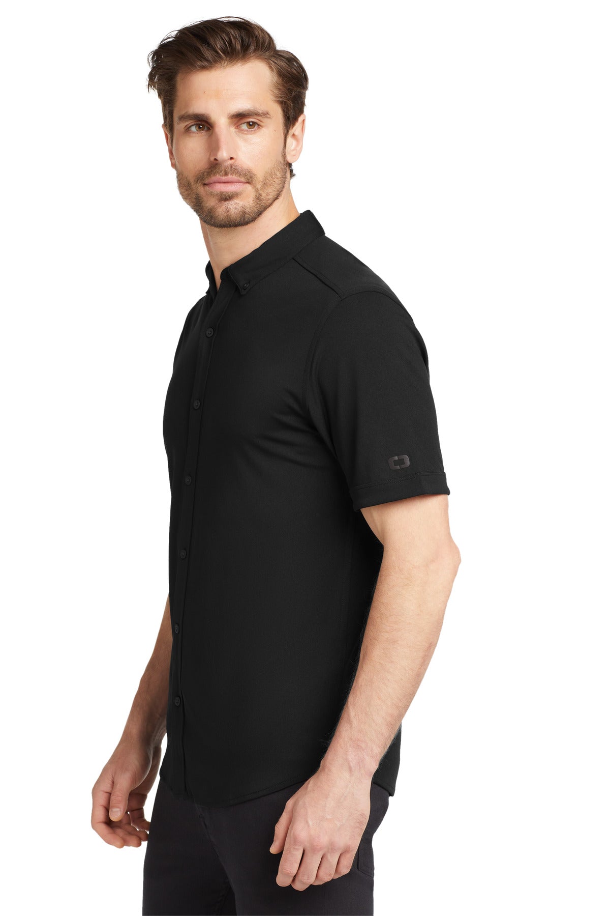 OGIO Gravitate Full-Button Polo. OG141 - Blacktop - side