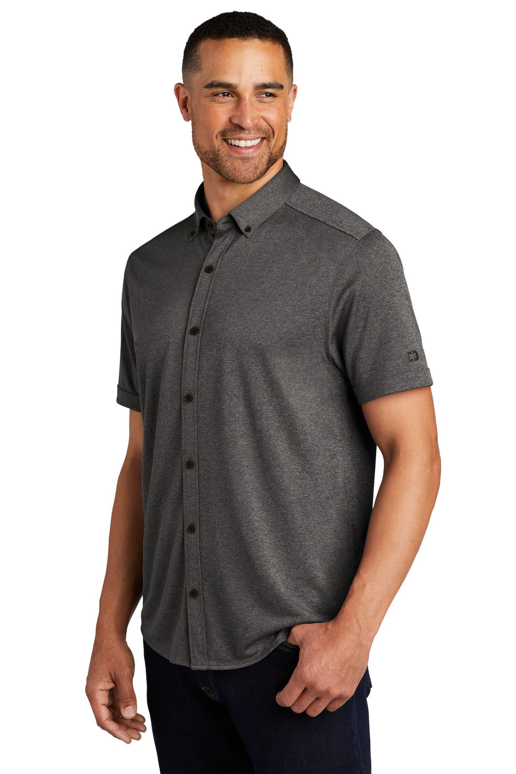 OGIO Gravitate Full-Button Polo. OG141 - Dark Heather Grey - three_q