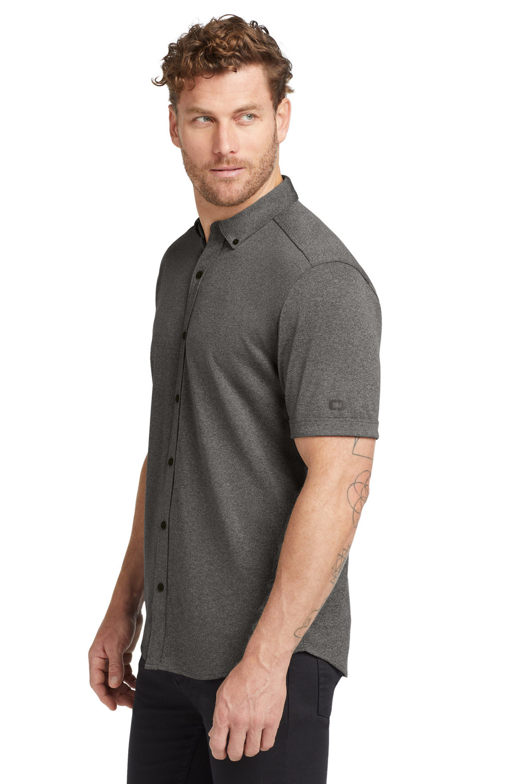 OGIO Gravitate Full-Button Polo. OG141 - Dark Heather Grey - side