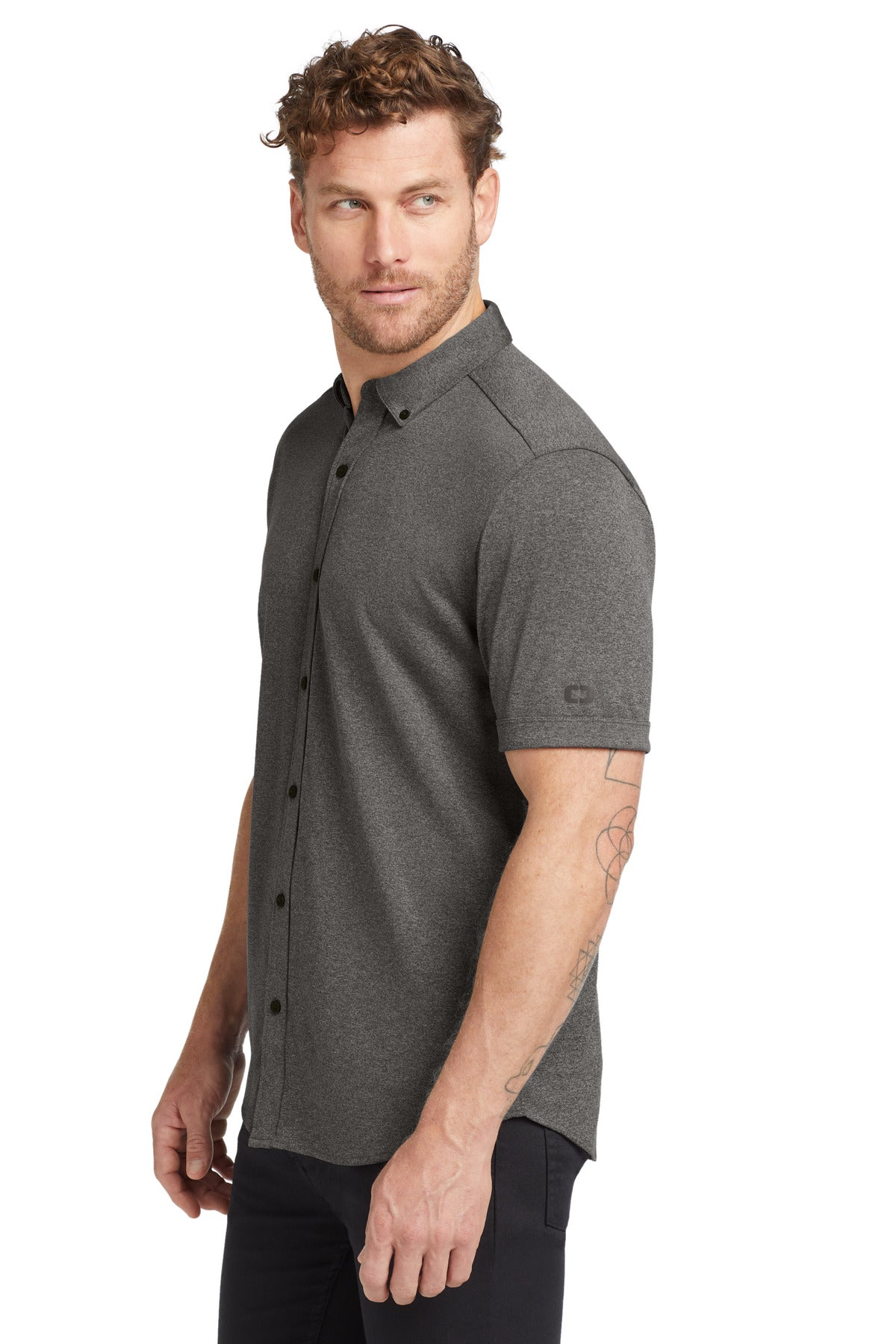 OGIO Gravitate Full-Button Polo. OG141 - Dark Heather Grey - side