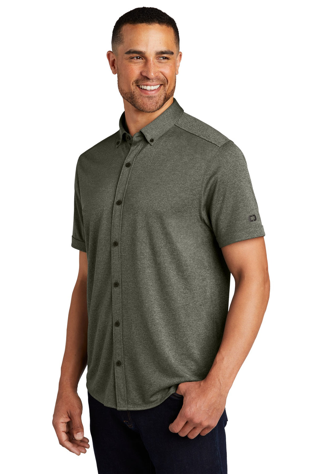 OGIO Gravitate Full-Button Polo. OG141 - Drive Green Heather - three_q