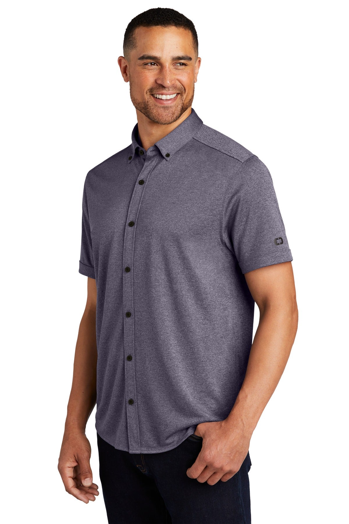 OGIO Gravitate Full-Button Polo. OG141 - Navy Heather - three_q