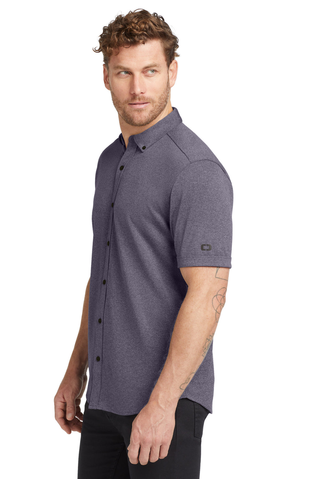 OGIO Gravitate Full-Button Polo. OG141 - Navy Heather - side