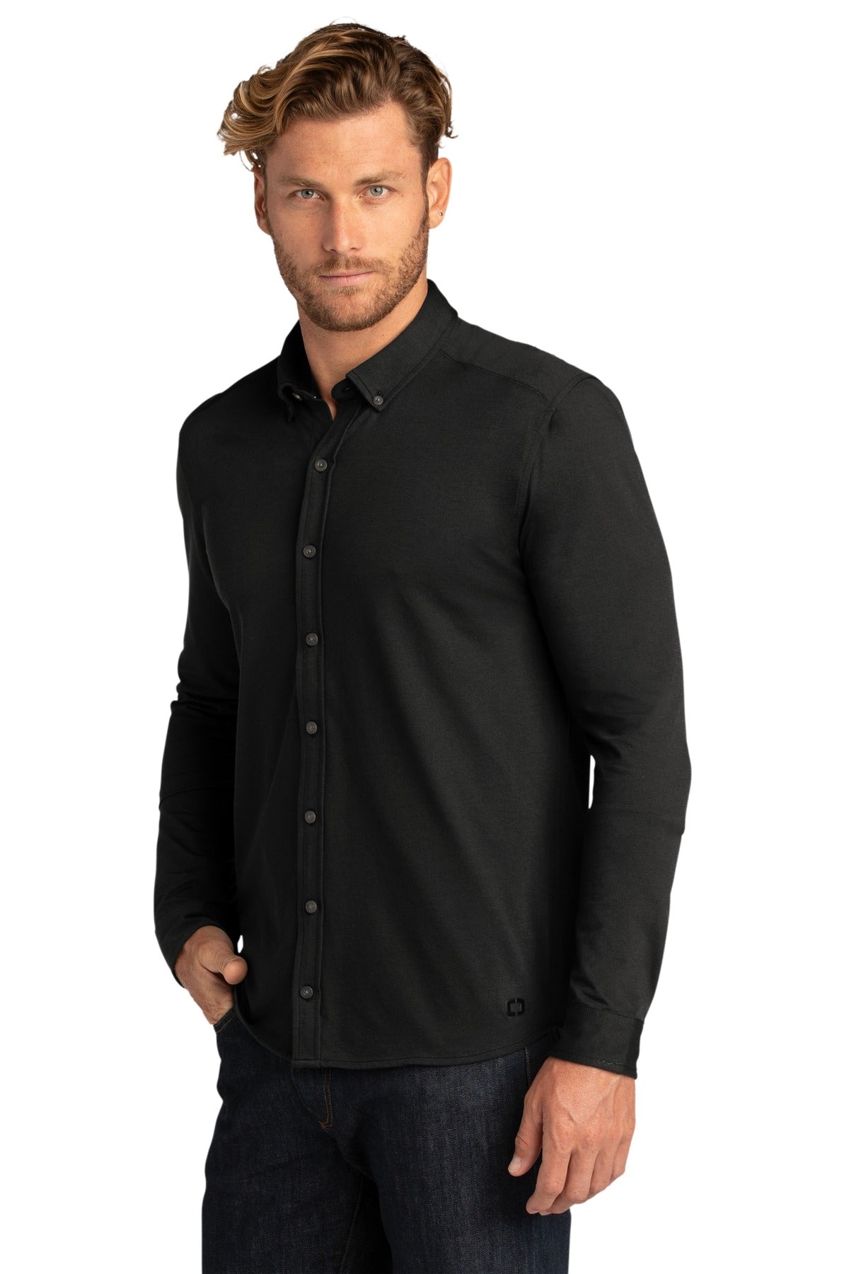 OGIO Code Stretch Long Sleeve Button-Up. OG145 - Blacktop - three_q