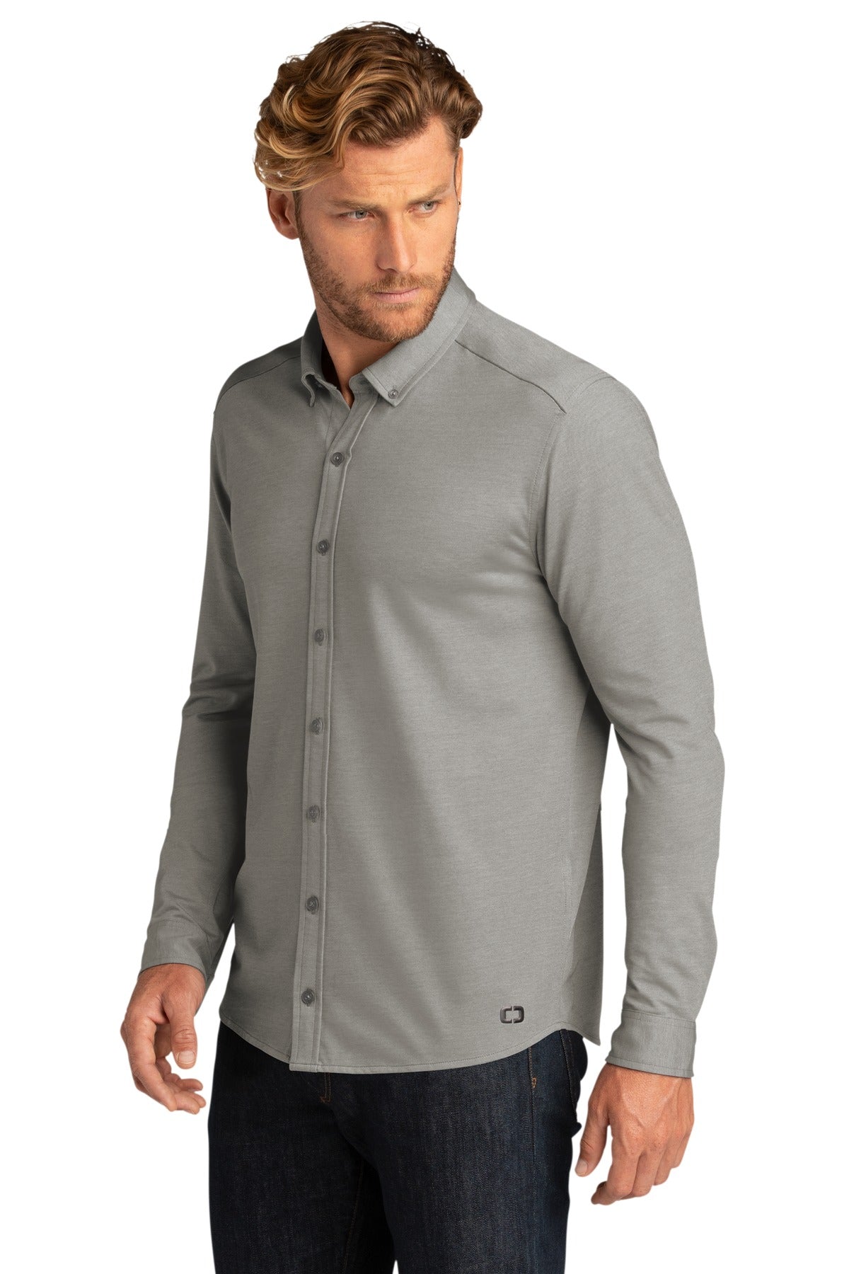 OGIO Code Stretch Long Sleeve Button-Up. OG145 - Tarmac Grey Heather - three_q