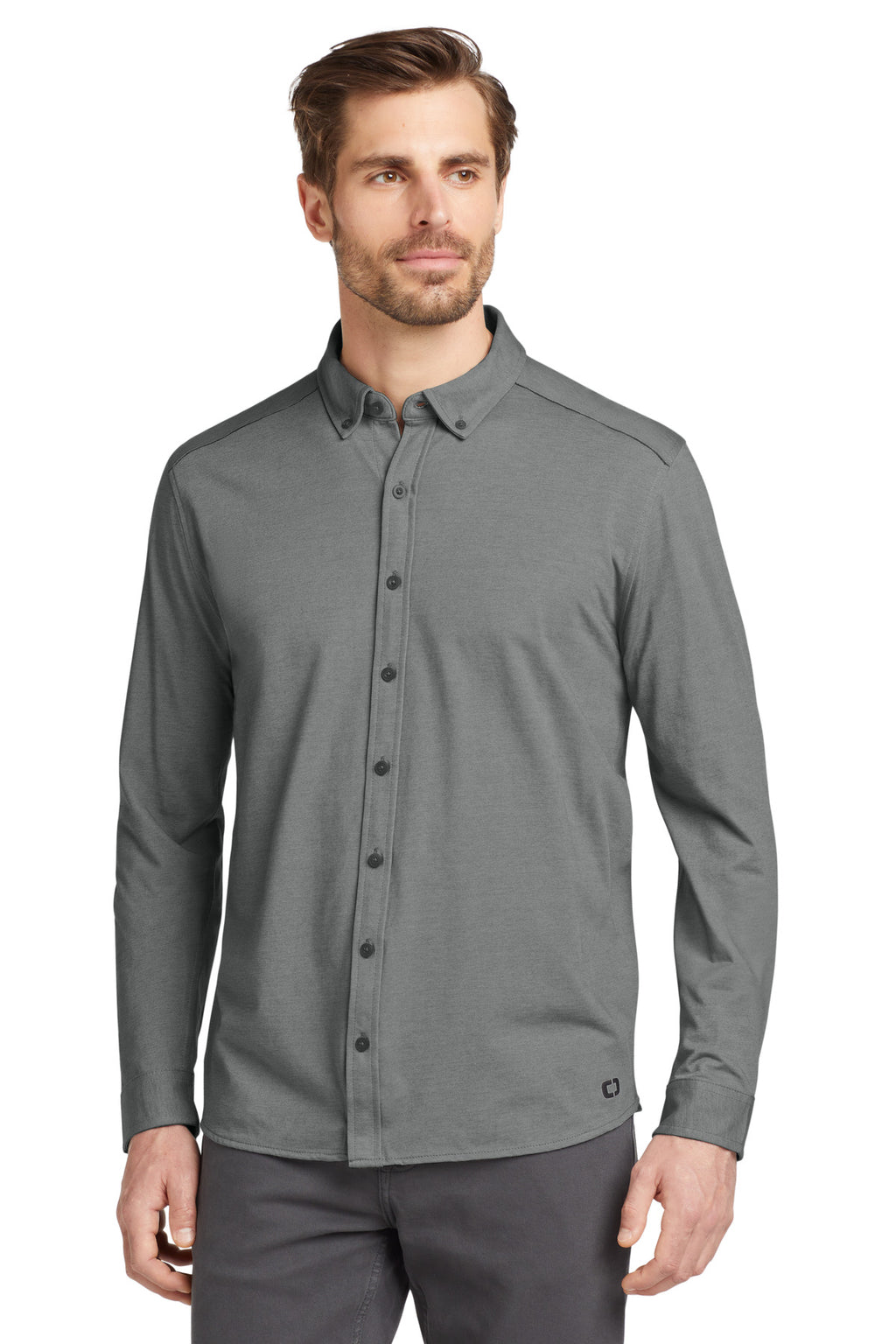 OGIO Code Stretch Long Sleeve Button-Up. OG145 - Tarmac Grey Heather - front