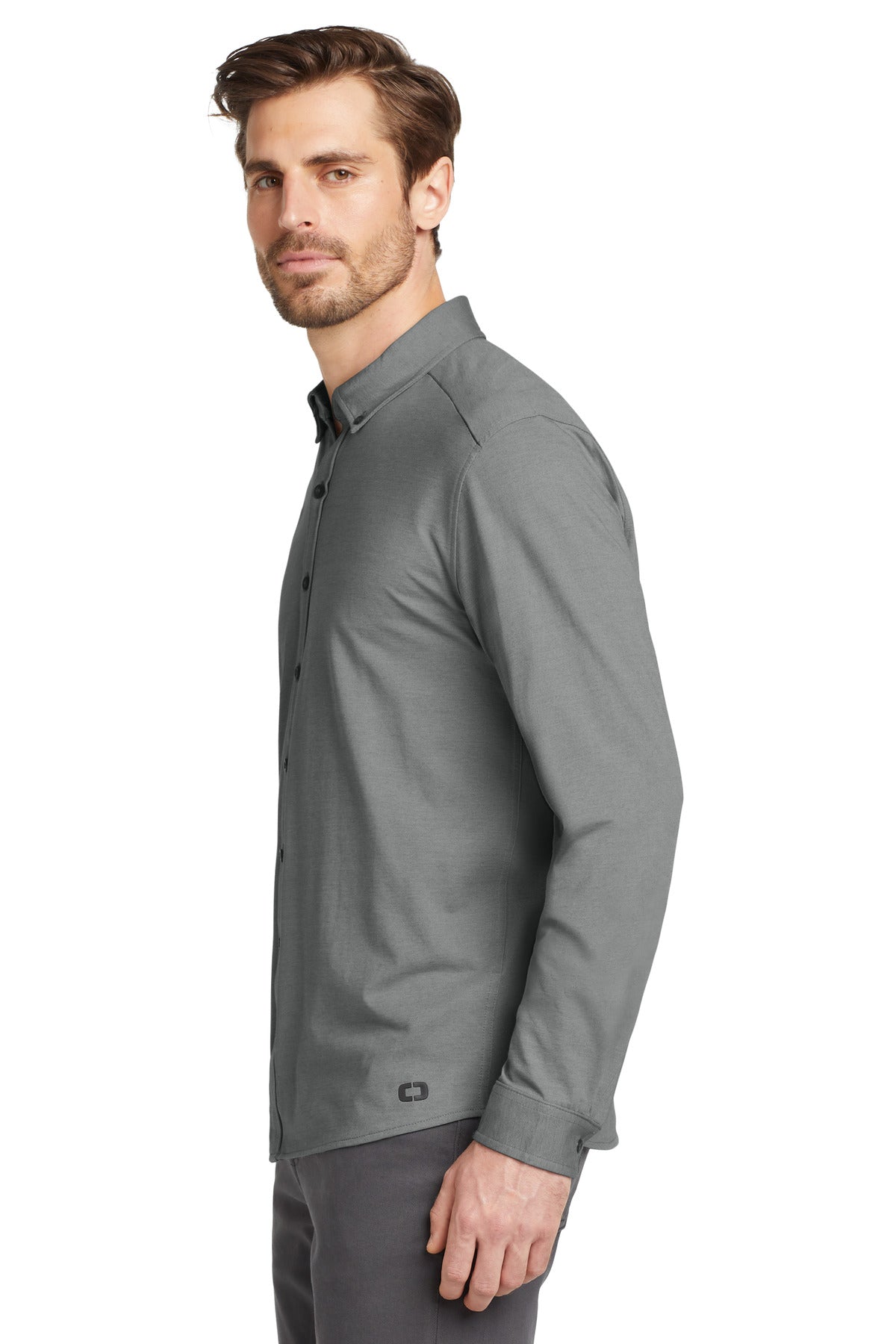 OGIO Code Stretch Long Sleeve Button-Up. OG145 - Tarmac Grey Heather - side