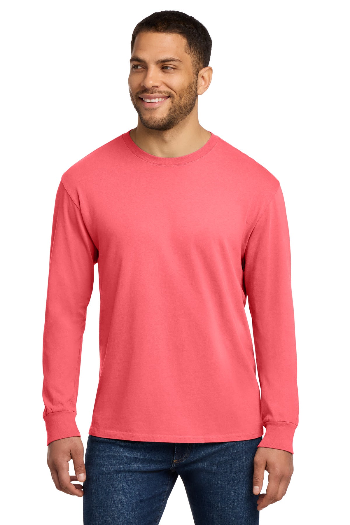 Port & Co Beach Wash Garment-Dyed Long Sleeve Tee PC099LS - Neon Coral - front