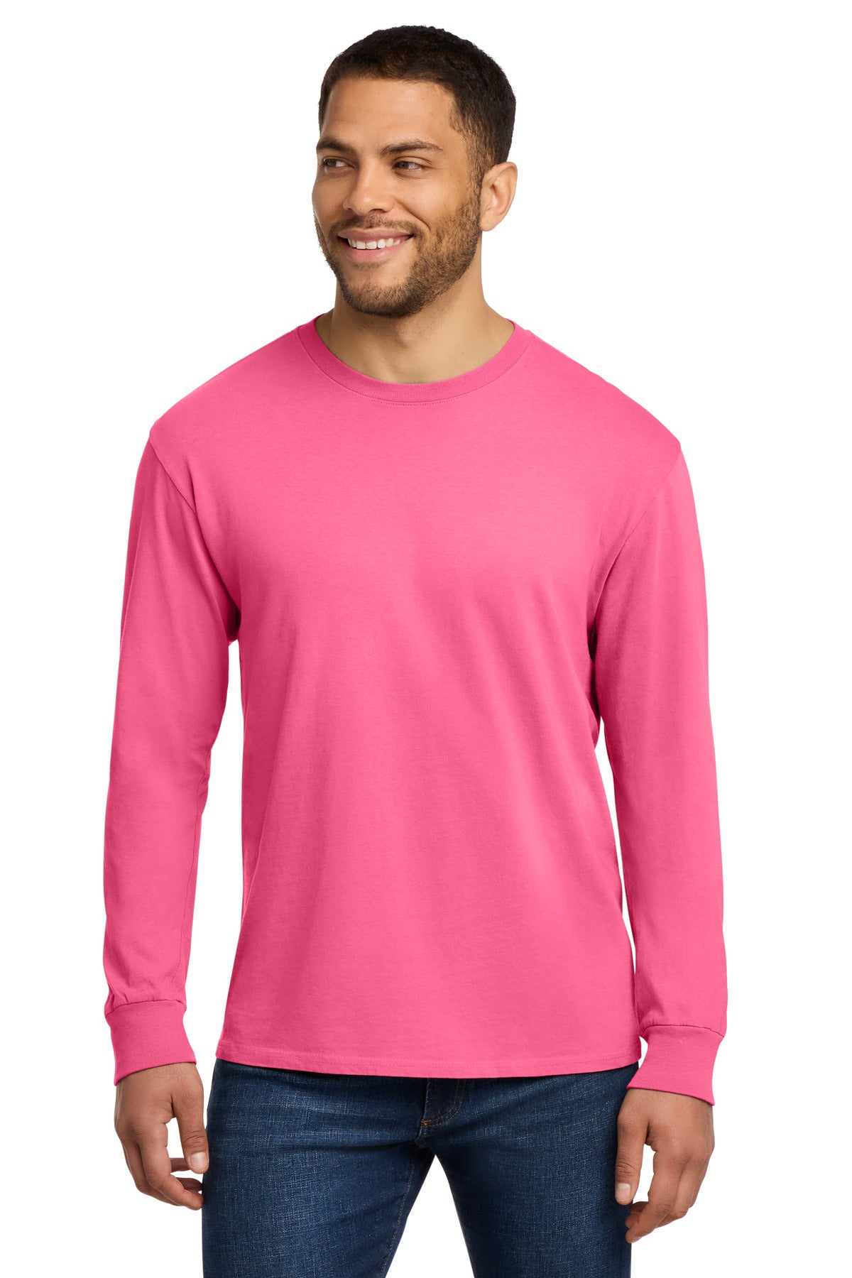 Port & Co Beach Wash Garment-Dyed Long Sleeve Tee PC099LS - Neon Pink - front