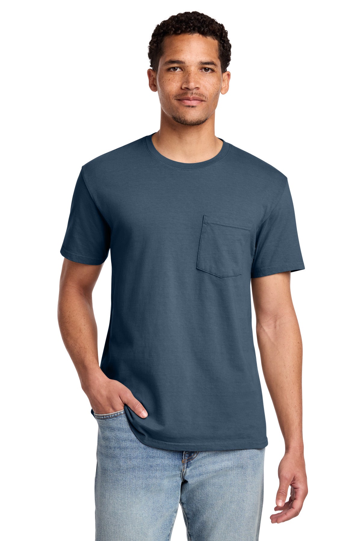 Port & Co Beach Wash Garment-Dyed Pocket Tee. PC099P - Denim Blue - front