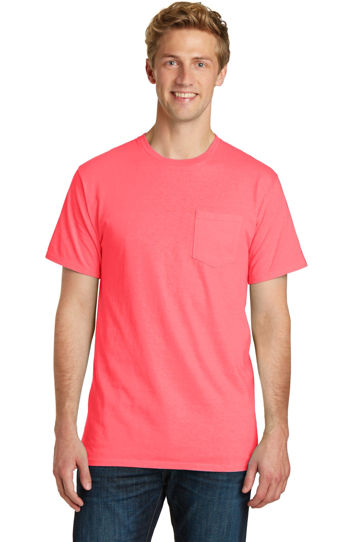 Port & Co Beach Wash Garment-Dyed Pocket Tee. PC099P - Neon Coral - front