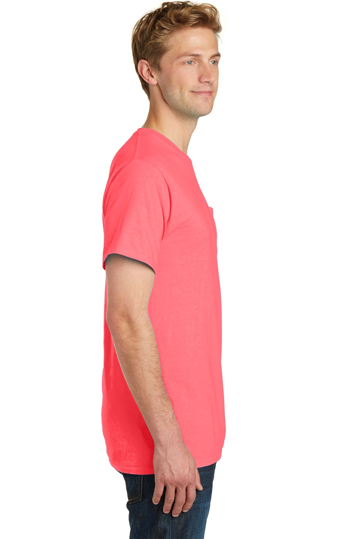 Port & Co Beach Wash Garment-Dyed Pocket Tee. PC099P - Neon Coral - side