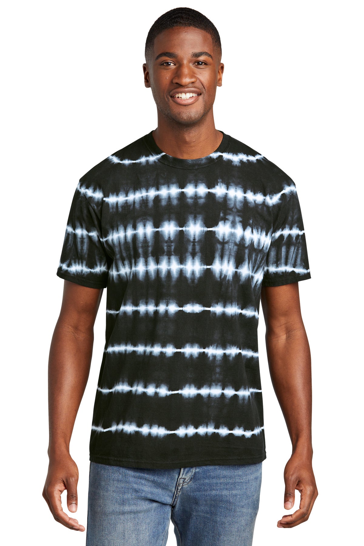 Port & Co Allover Stripe Tie-Dye Tee PC142 - Black/ White - front