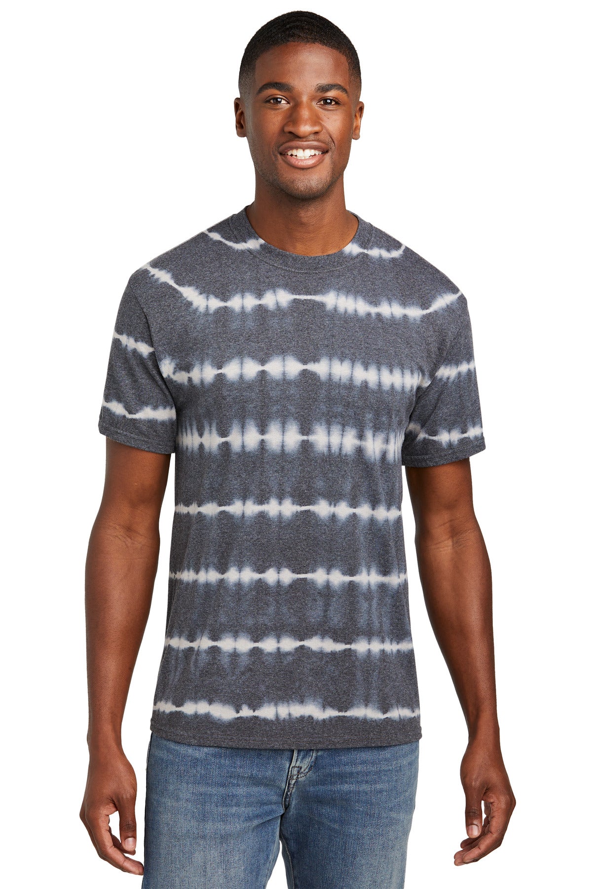 Port & Co Allover Stripe Tie-Dye Tee PC142 - Graphite/ Light Grey - front
