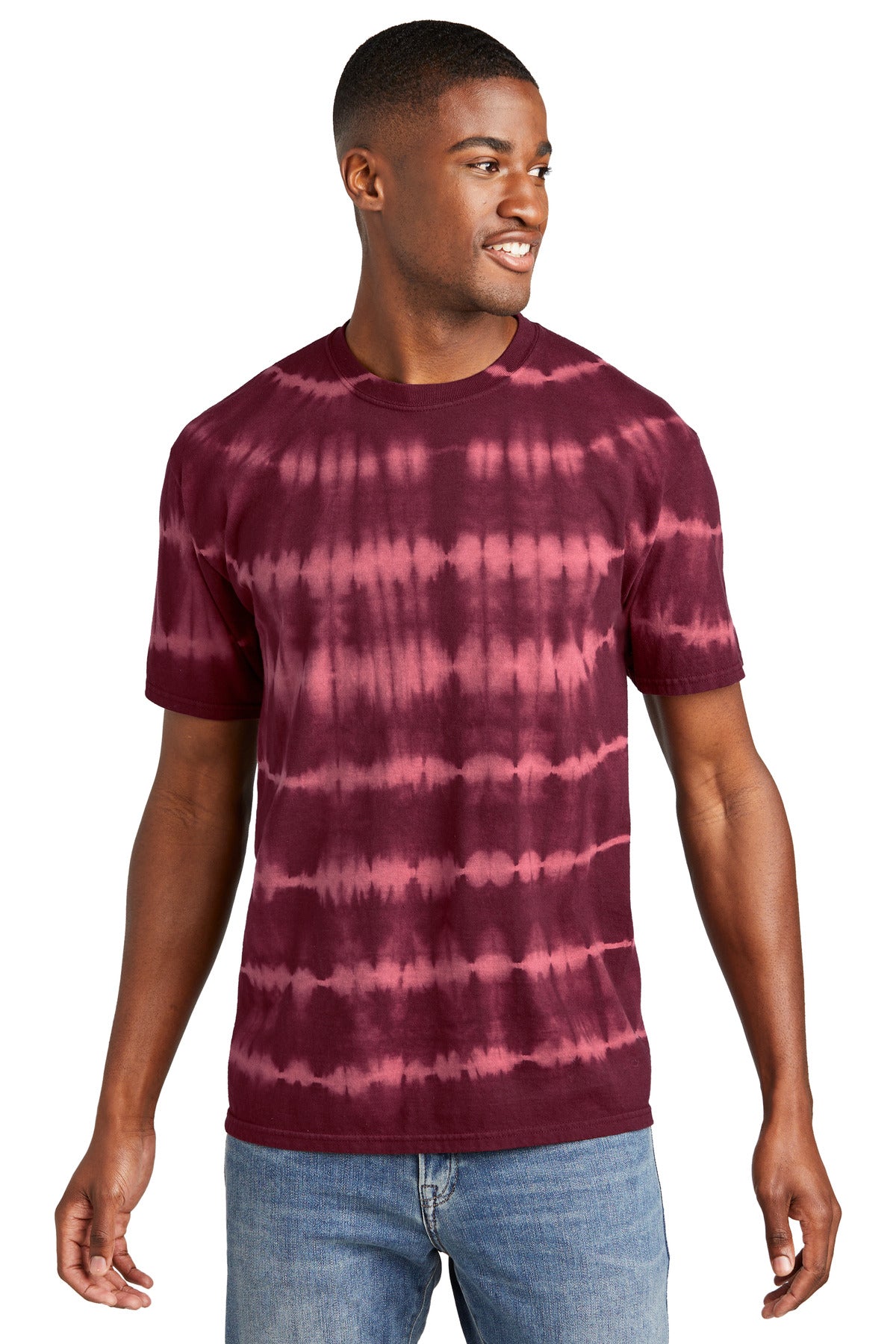 Port & Co Allover Stripe Tie-Dye Tee PC142 - Merlot/ Burgundy - front