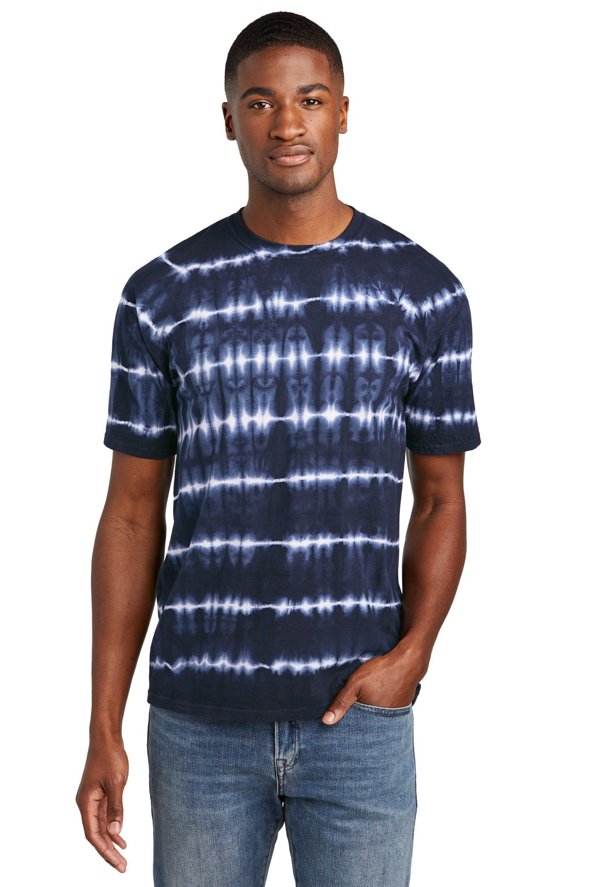 Port & Co Allover Stripe Tie-Dye Tee PC142 - True Navy/ White - front