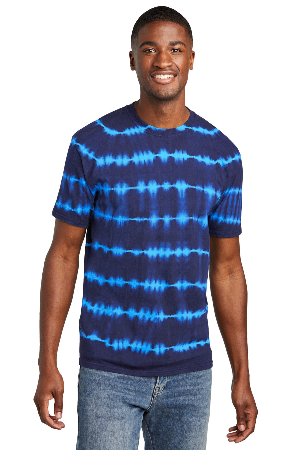 Port & Co Allover Stripe Tie-Dye Tee PC142 - Turquoise/ Team Navy - front