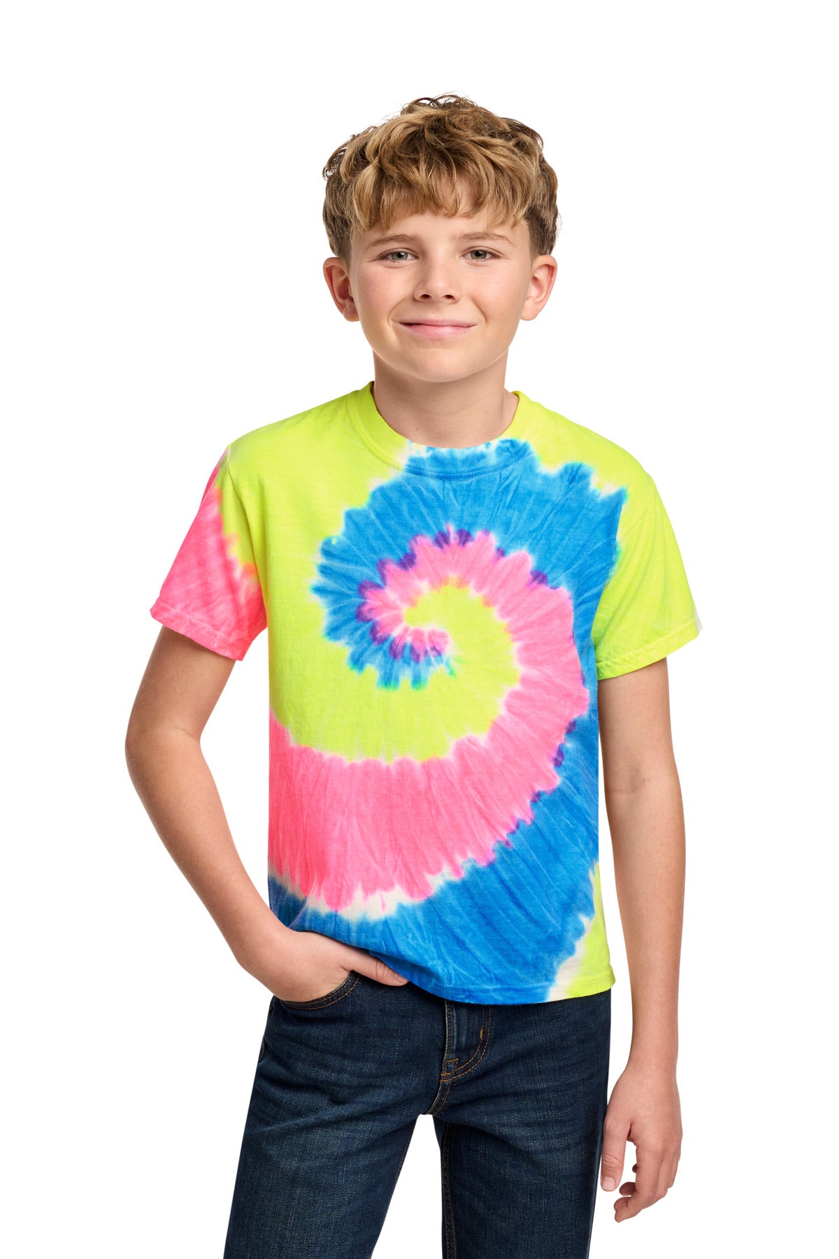 Port & Co Youth Tie-Dye Tee. PC147Y - Neon Rainbow - front