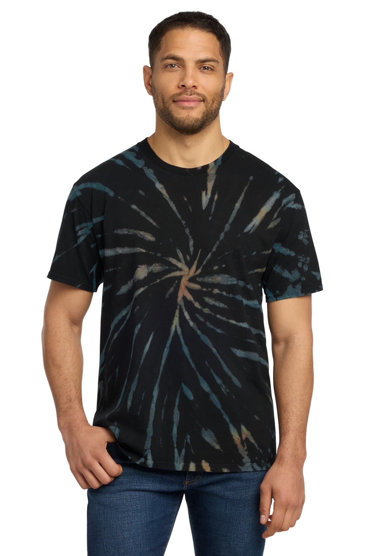 Port & Co Tie-Dye Tee. PC147 - Black Galaxy Spiral - front