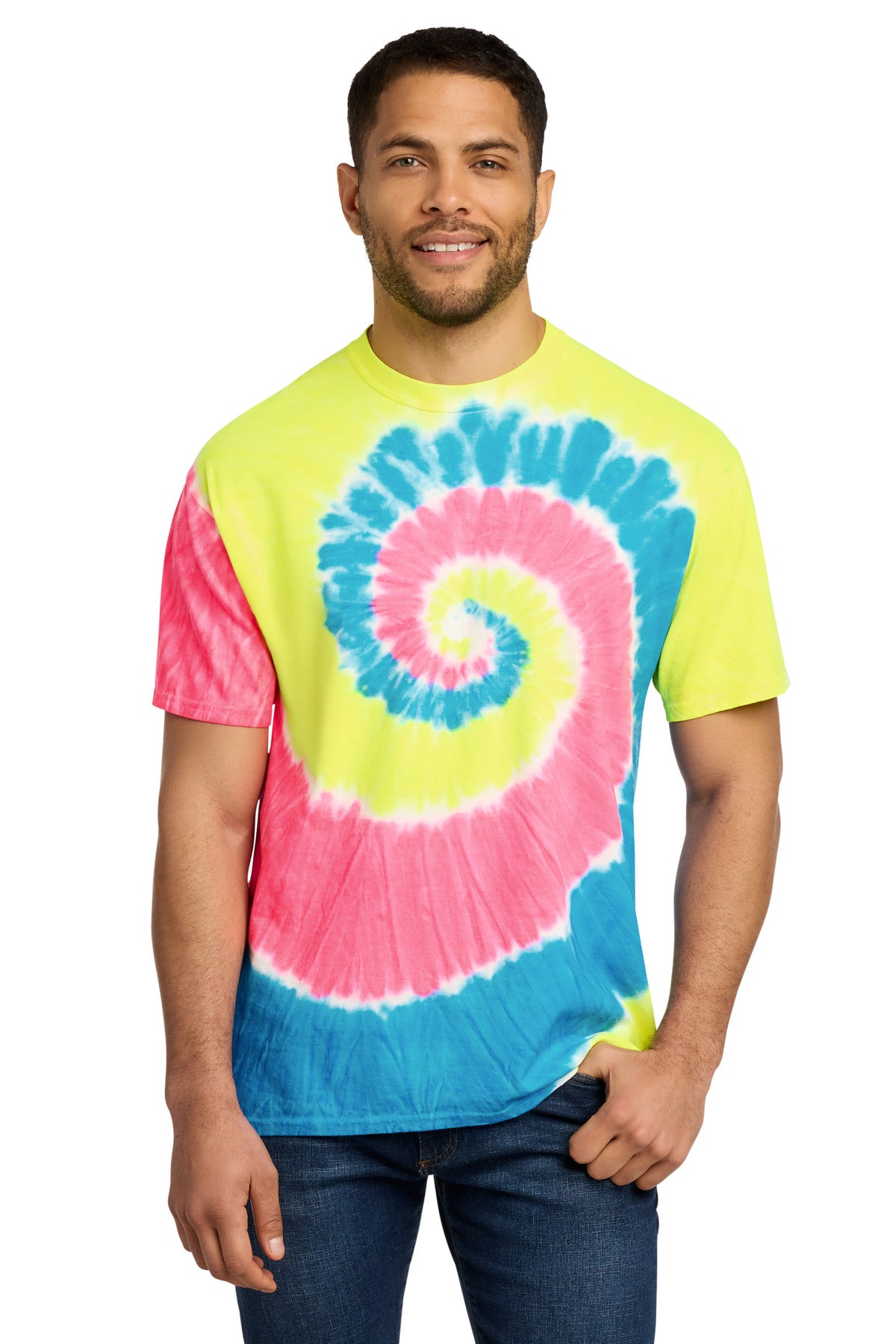 Port & Co Tie-Dye Tee. PC147 - Neon Rainbow - front