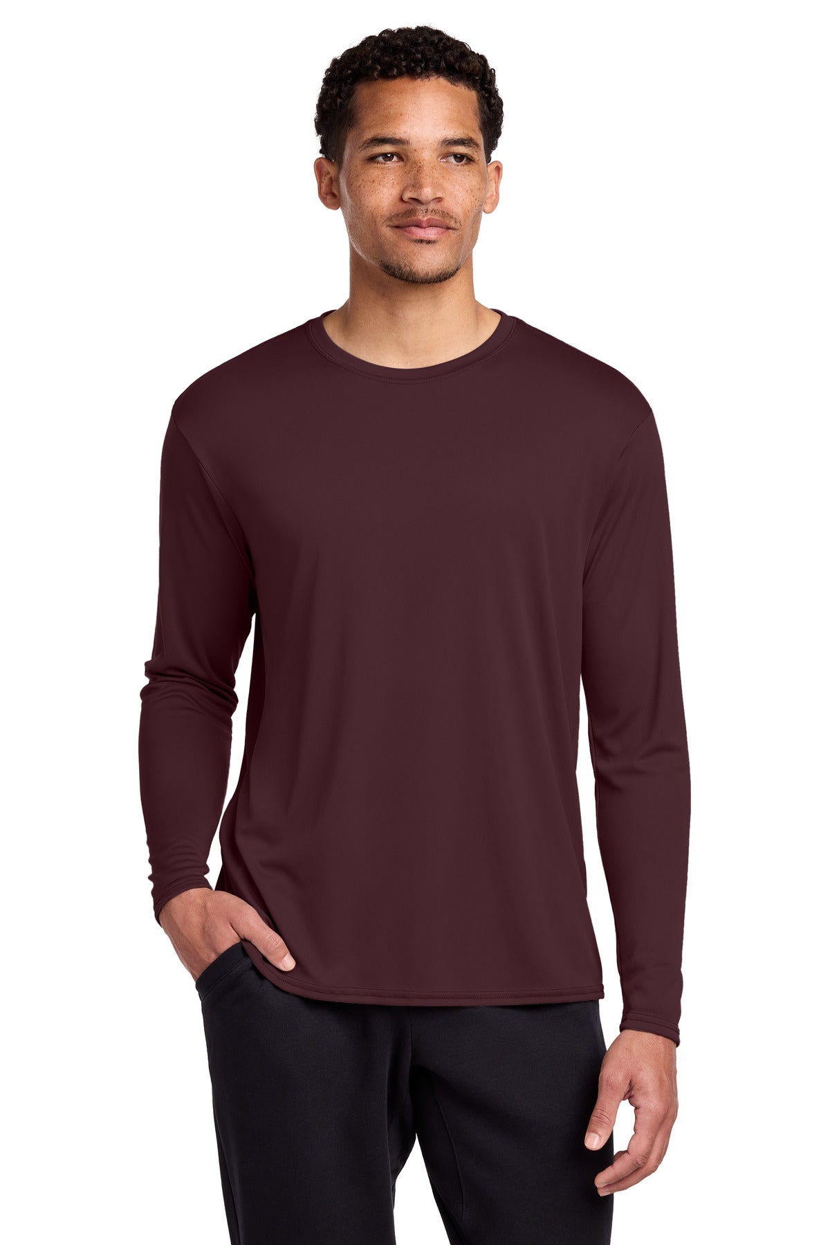 Port & Co Long Sleeve Performance Tee. PC380LS - Athletic Maroon - front