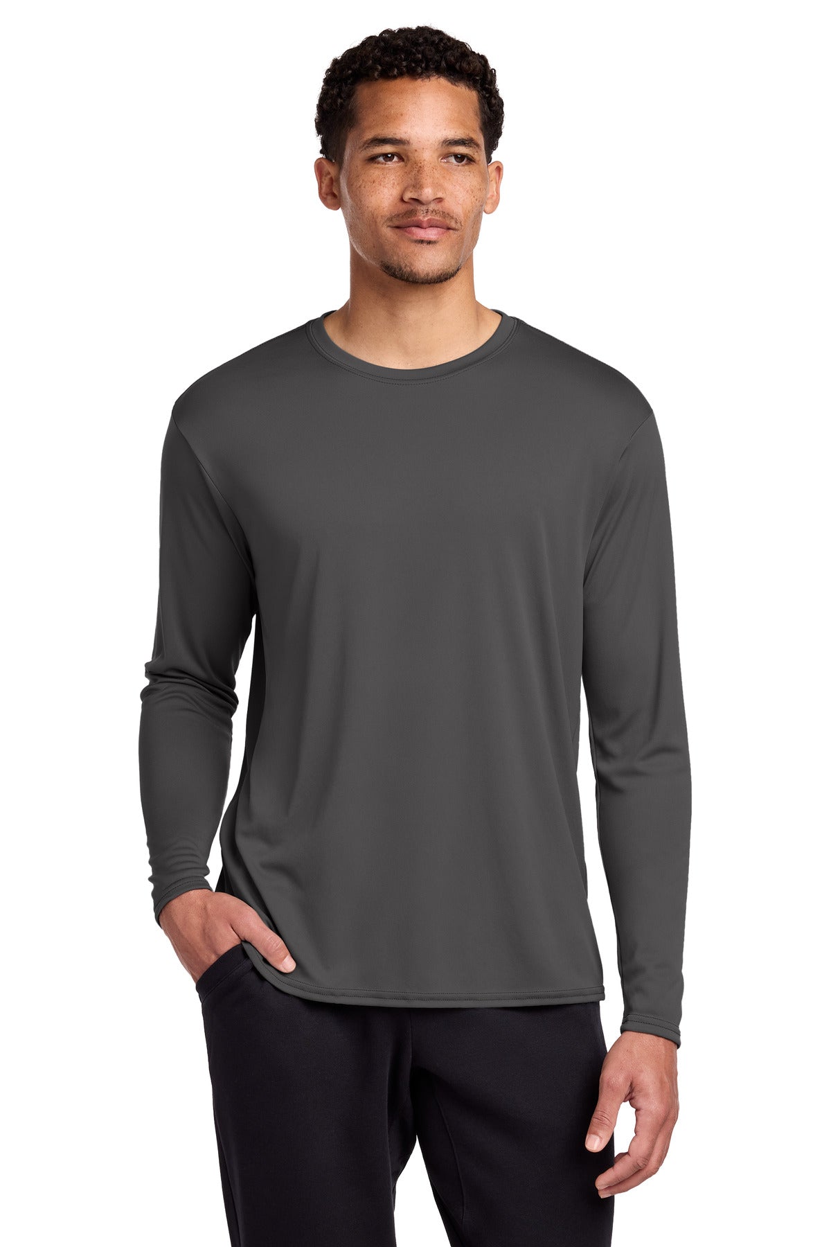Port & Co Long Sleeve Performance Tee. PC380LS - Charcoal - front