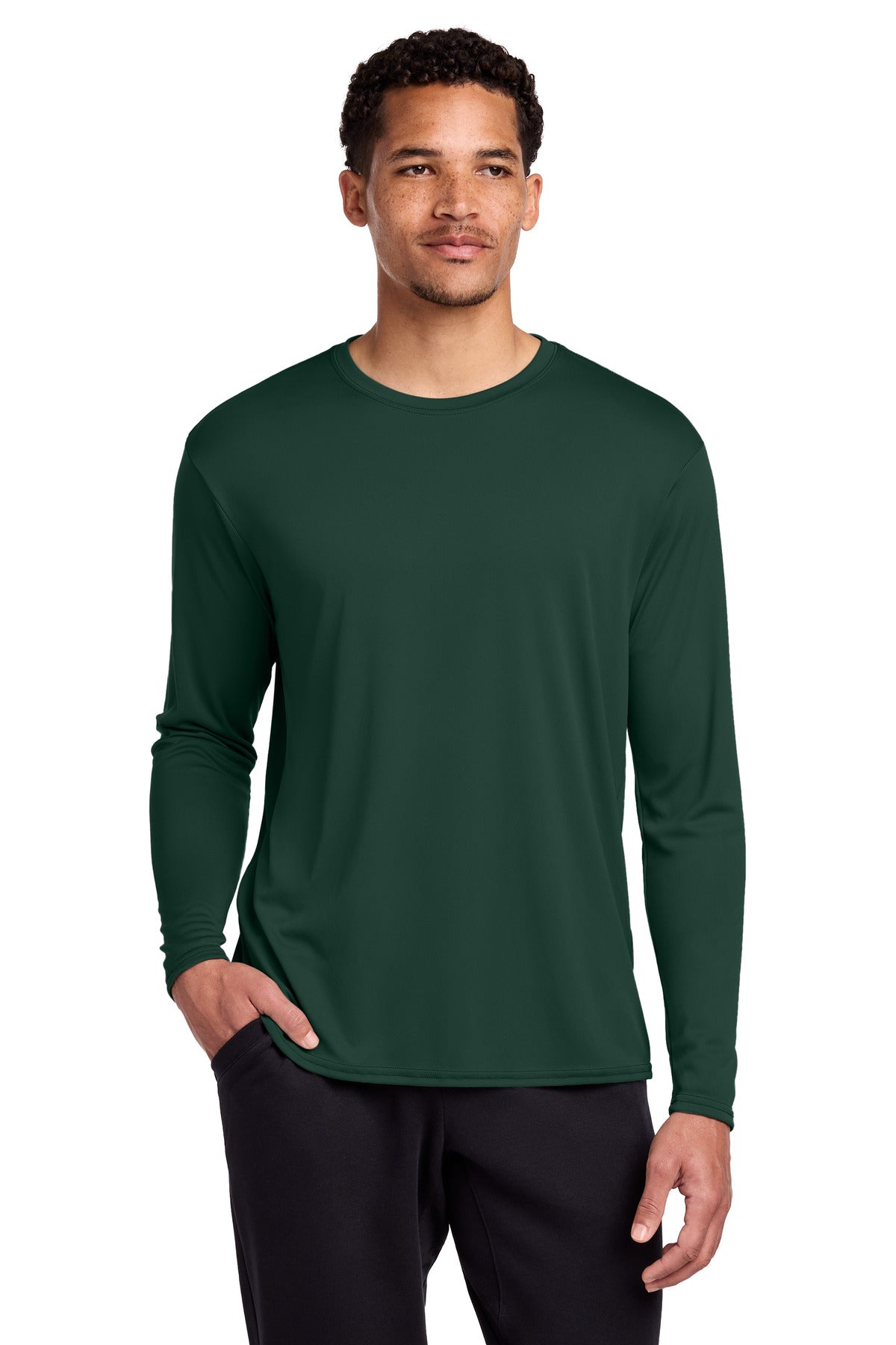 Port & Co Long Sleeve Performance Tee. PC380LS - Dark Green - front