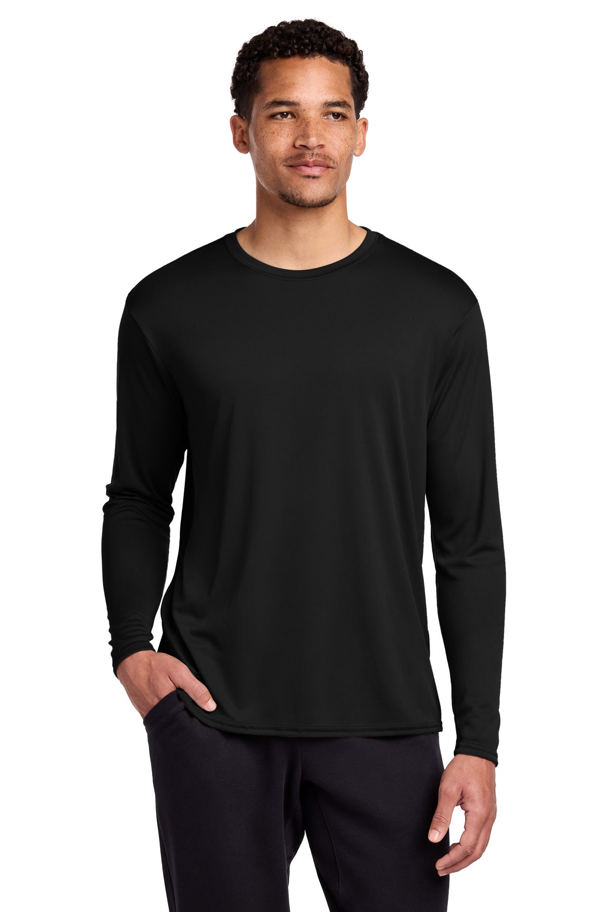Port & Co Long Sleeve Performance Tee. PC380LS - Jet Black - front