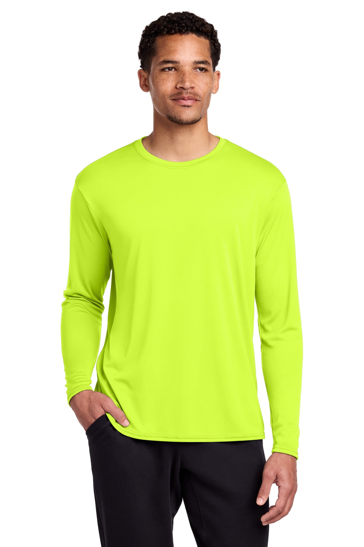 Port & Co Long Sleeve Performance Tee. PC380LS - Neon Yellow - front