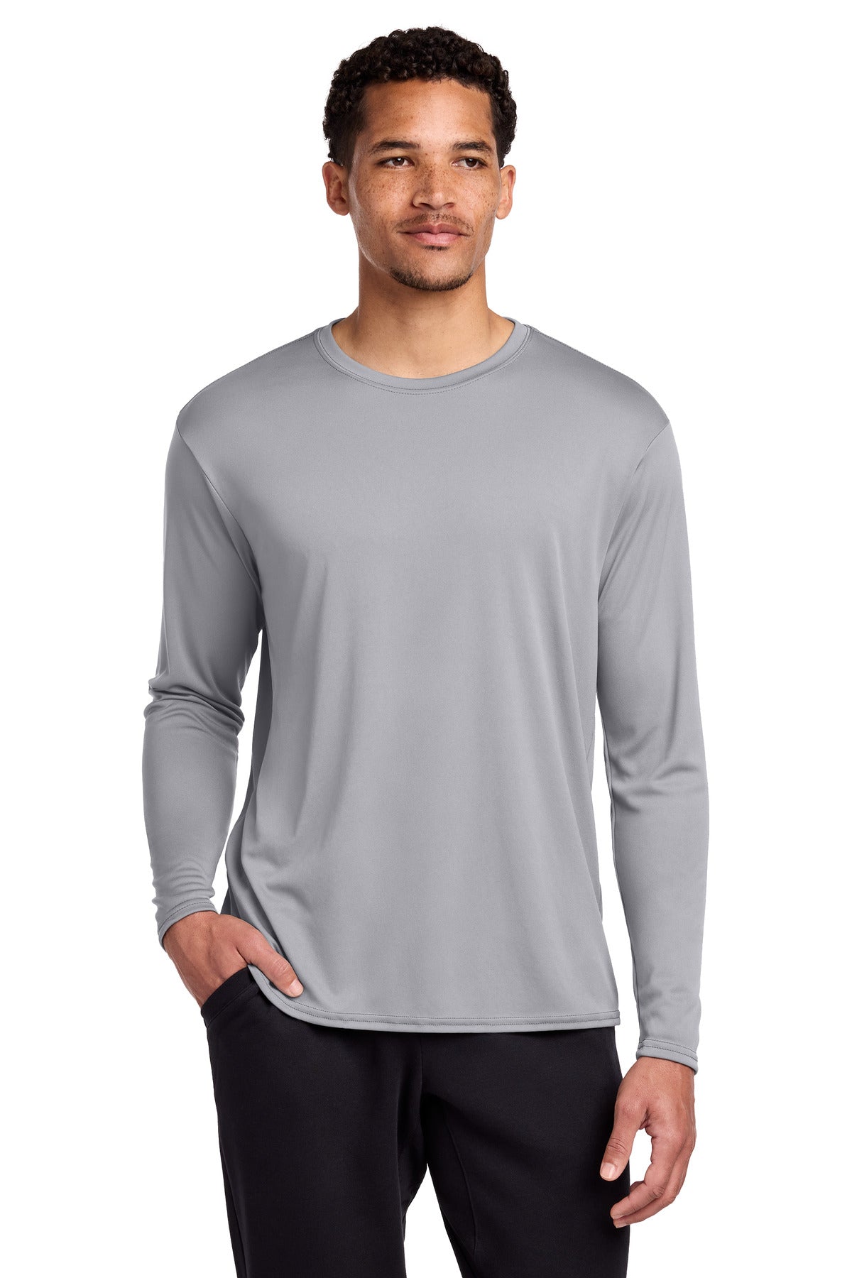 Port & Co Long Sleeve Performance Tee. PC380LS - Silver - front
