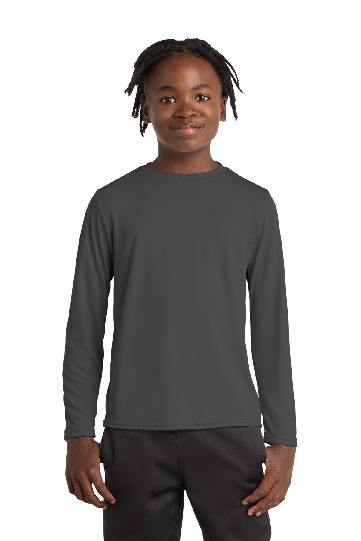 Port & Co Youth Long Sleeve Performance Tee PC380YLS - Charcoal - front