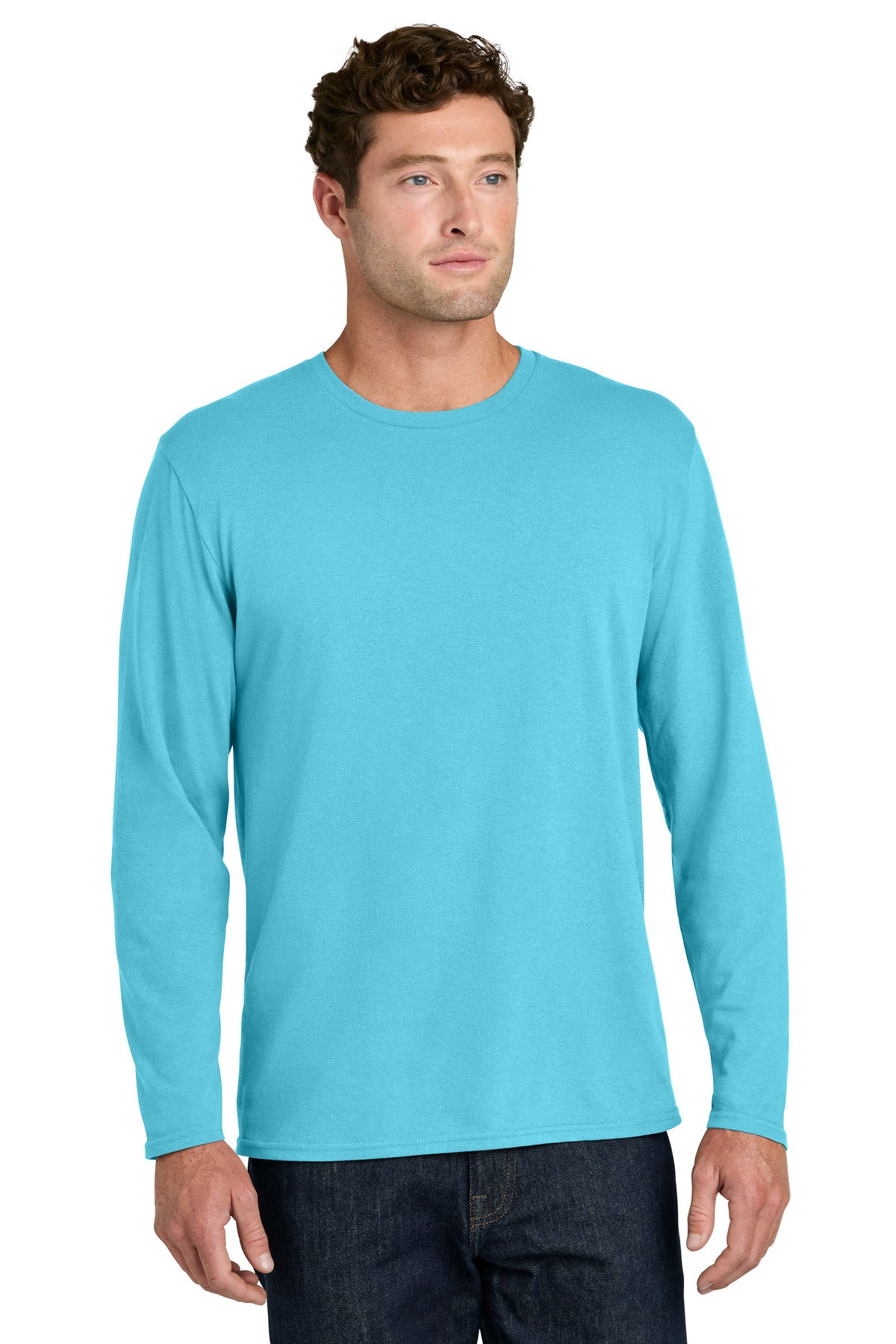 Port & Co Easy Cotton Long Sleeve Tee PC43LS - Aquatic Blue - front