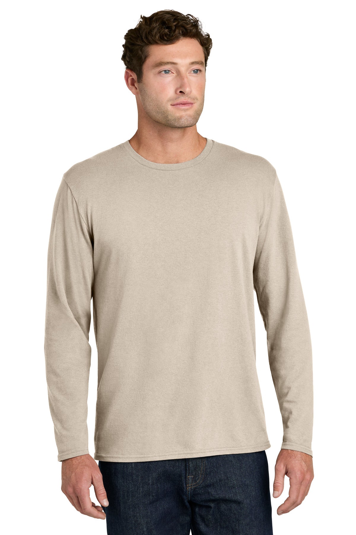 Port & Co Easy Cotton Long Sleeve Tee PC43LS - Light Sand - front