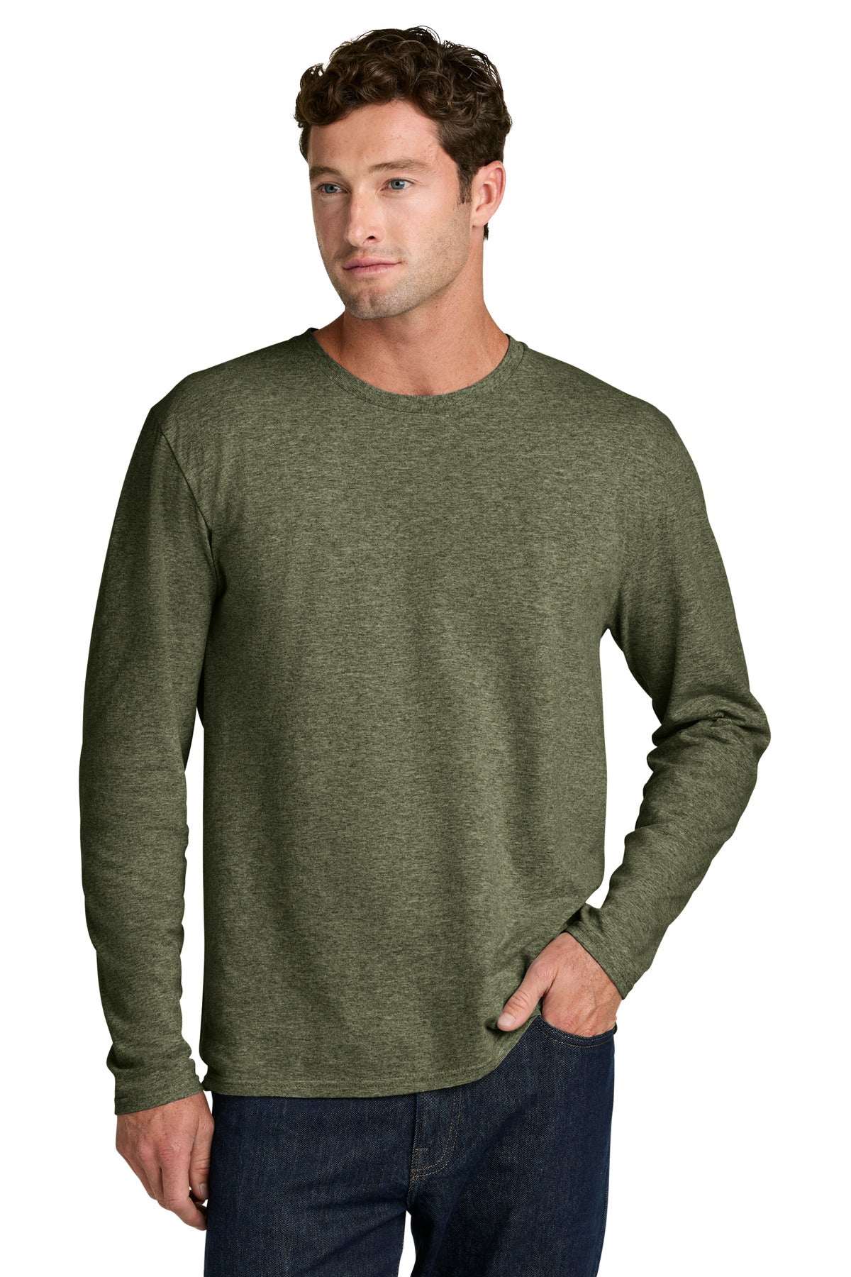 Port & Co Easy Cotton Long Sleeve Tee PC43LS - Olive Drab Green Heather - front