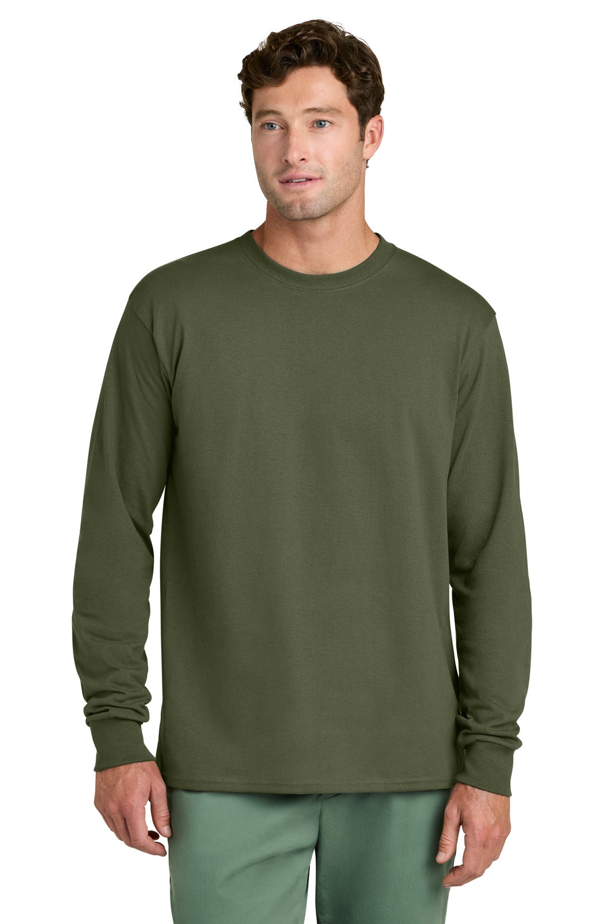 Port & Co Long Sleeve Core Cotton Tee. PC54LS - Olive Drab Green - front