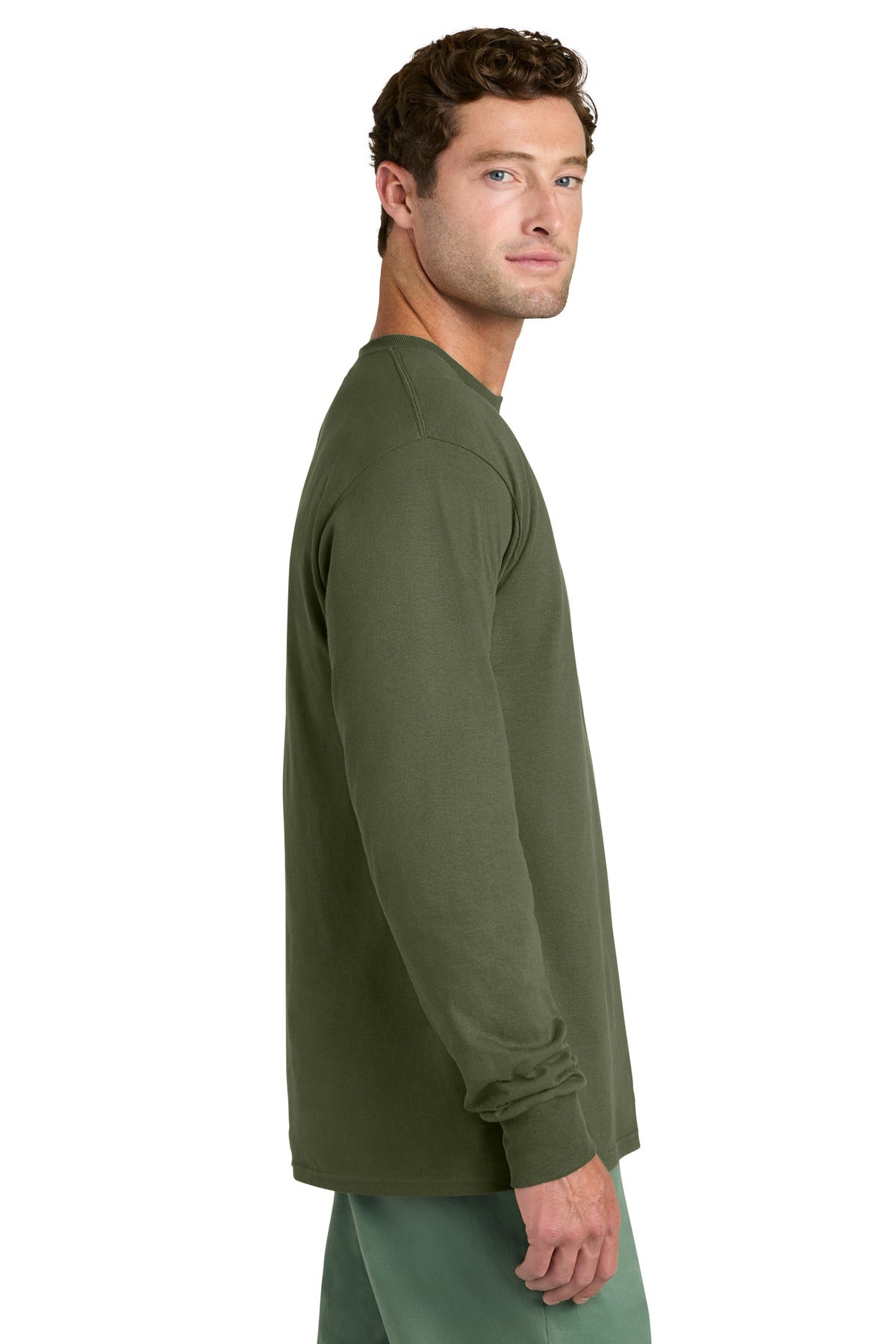 Port & Co Long Sleeve Core Cotton Tee. PC54LS - Olive Drab Green - side