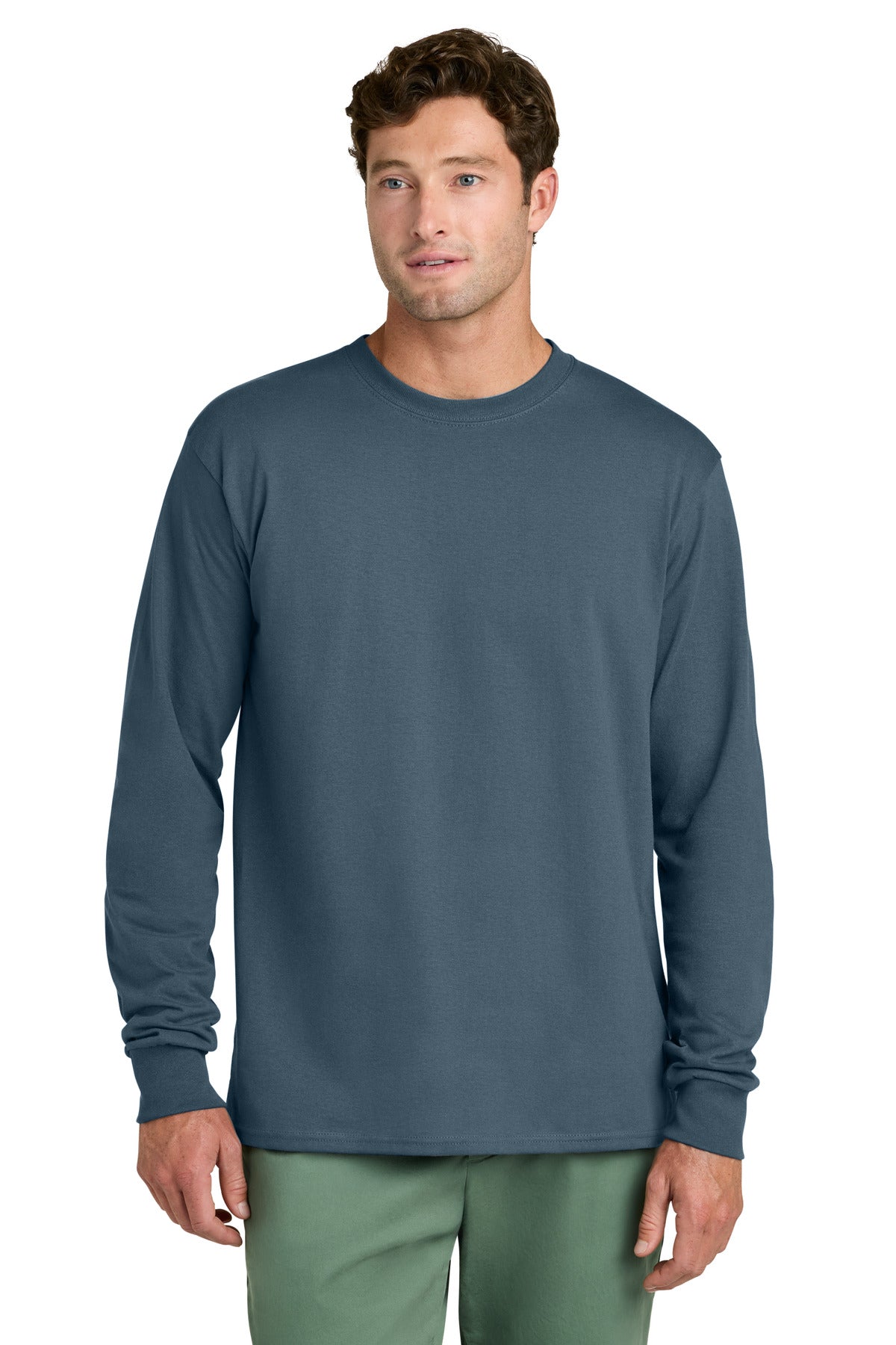 Port & Co Long Sleeve Core Cotton Tee. PC54LS - Steel Blue - front