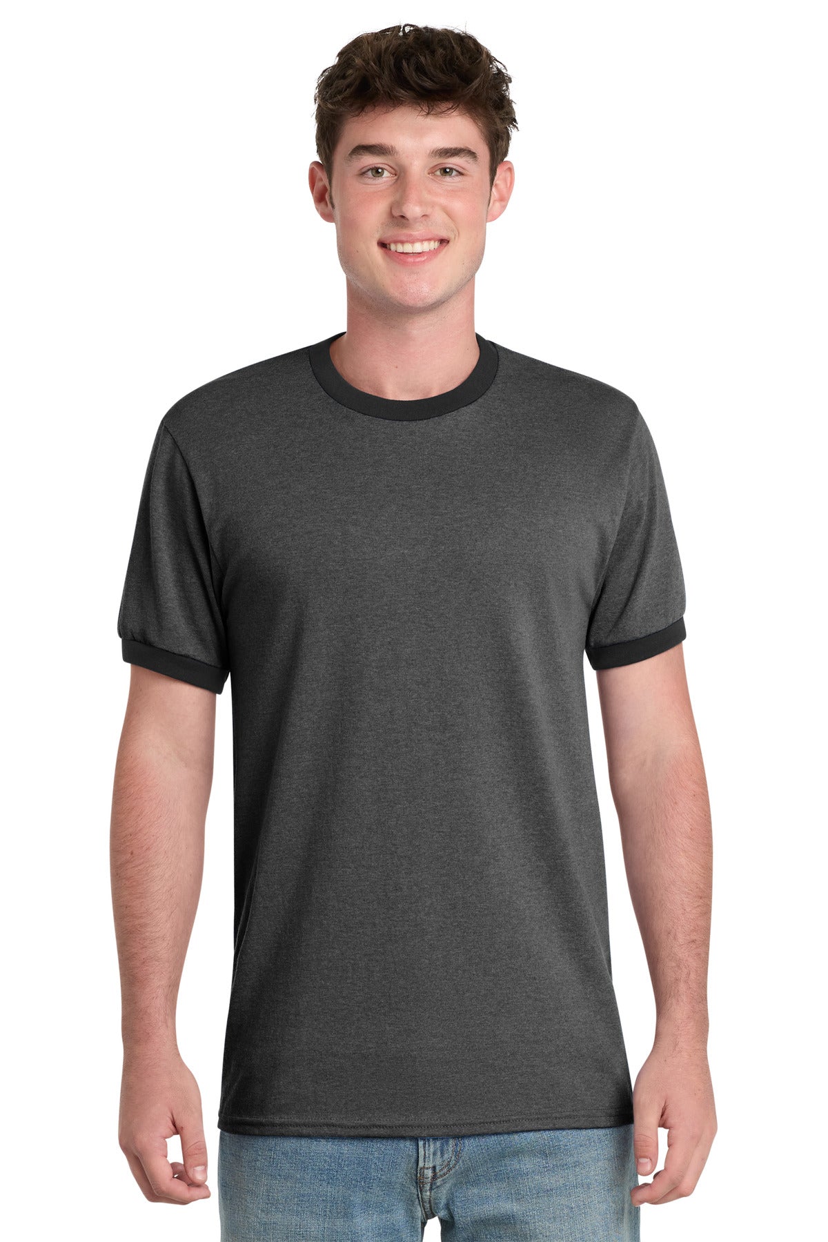 Port & Co Core Cotton Ringer Tee. PC54R - Dark Heather Grey/ Jet Black - front
