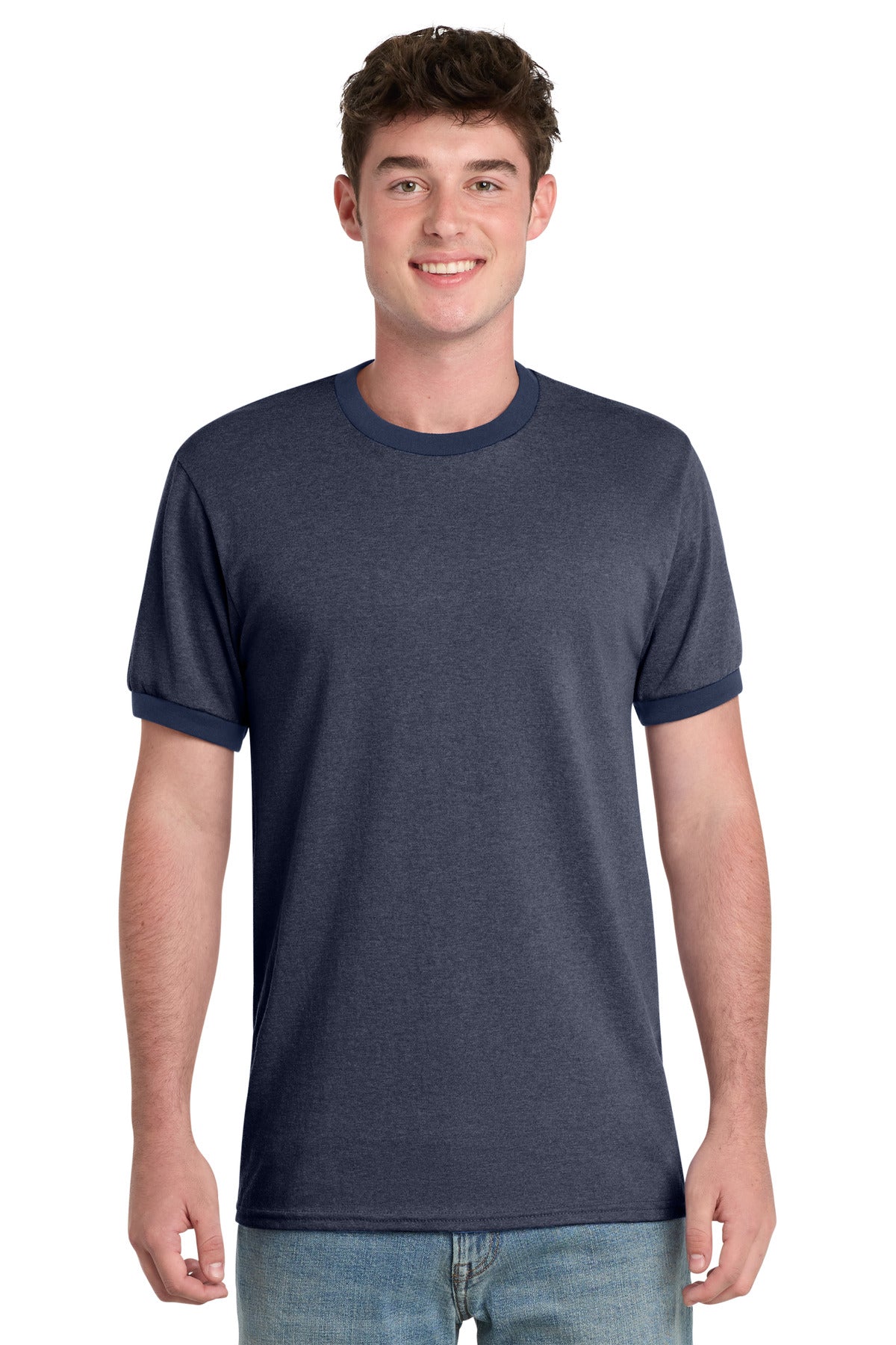 Port & Co Core Cotton Ringer Tee. PC54R - Heather Navy/ Navy - front