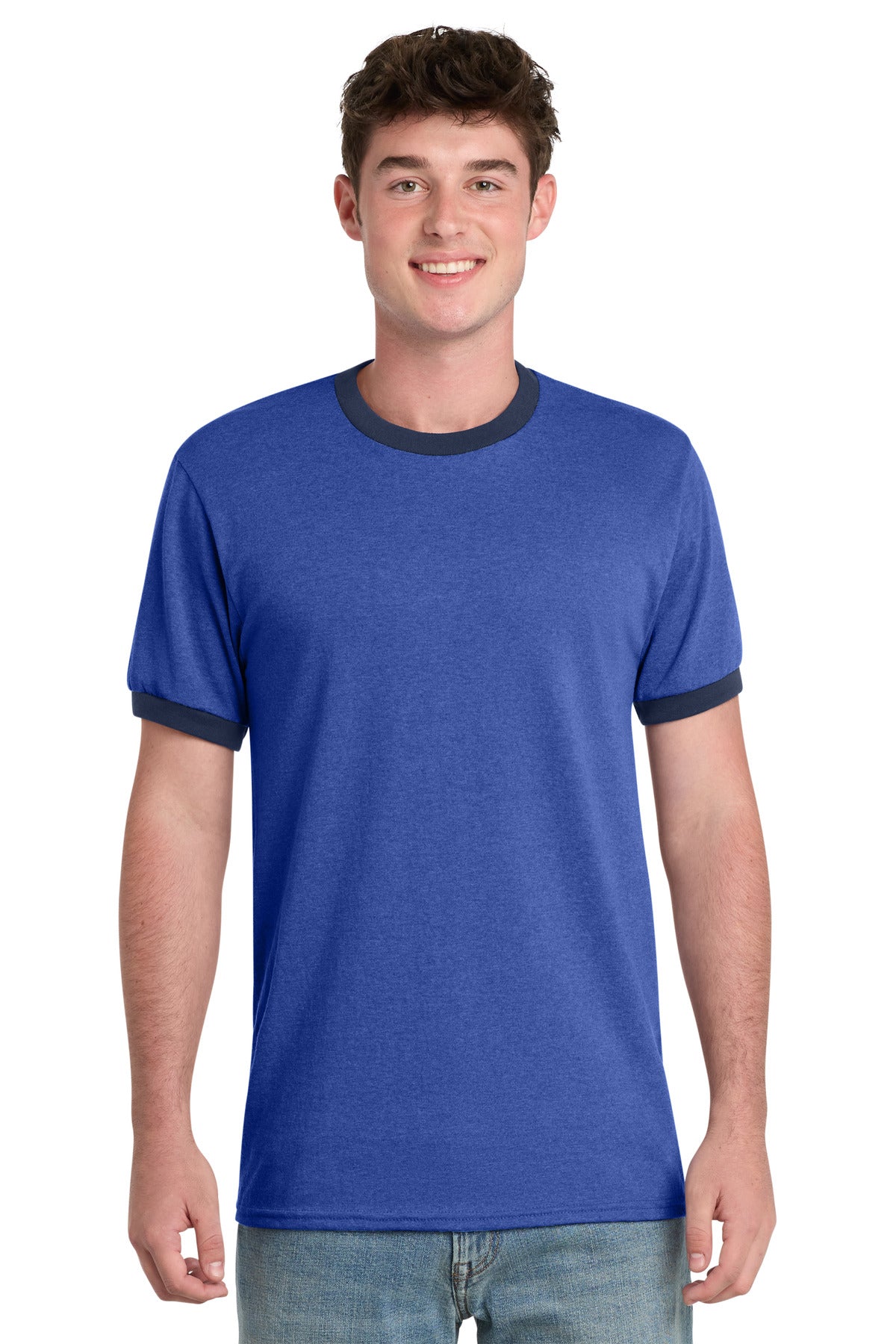 Port & Co Core Cotton Ringer Tee. PC54R - Heather Royal/ Navy - front