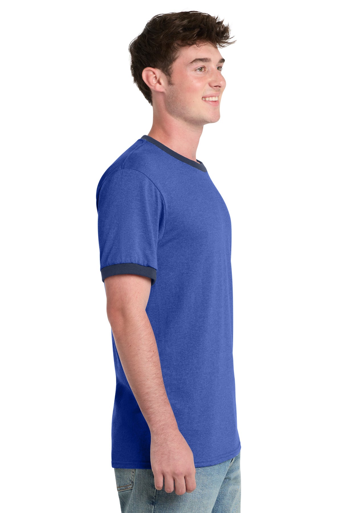Port & Co Core Cotton Ringer Tee. PC54R - Heather Royal/ Navy - side