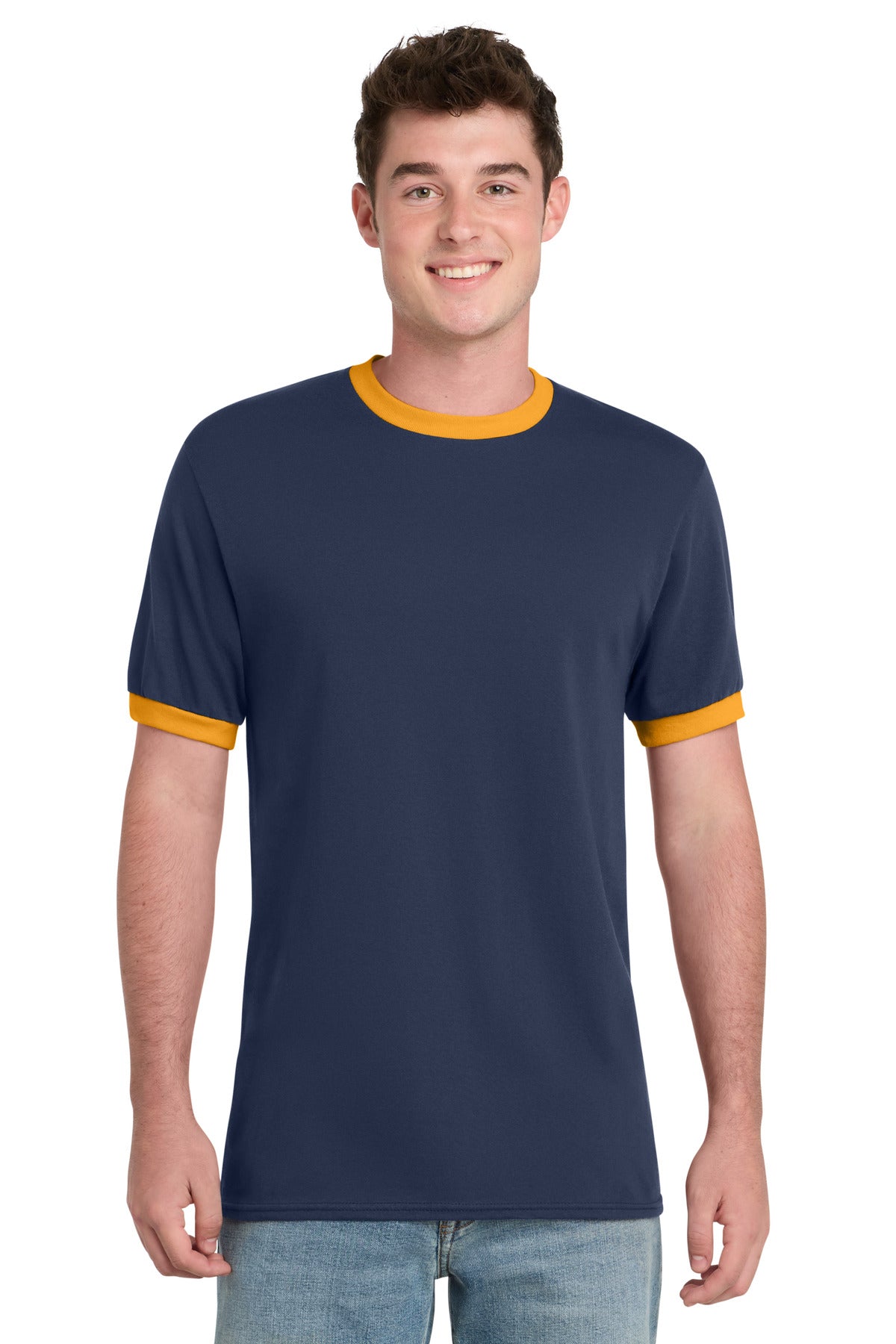 Port & Co Core Cotton Ringer Tee. PC54R - Navy/ Gold - front