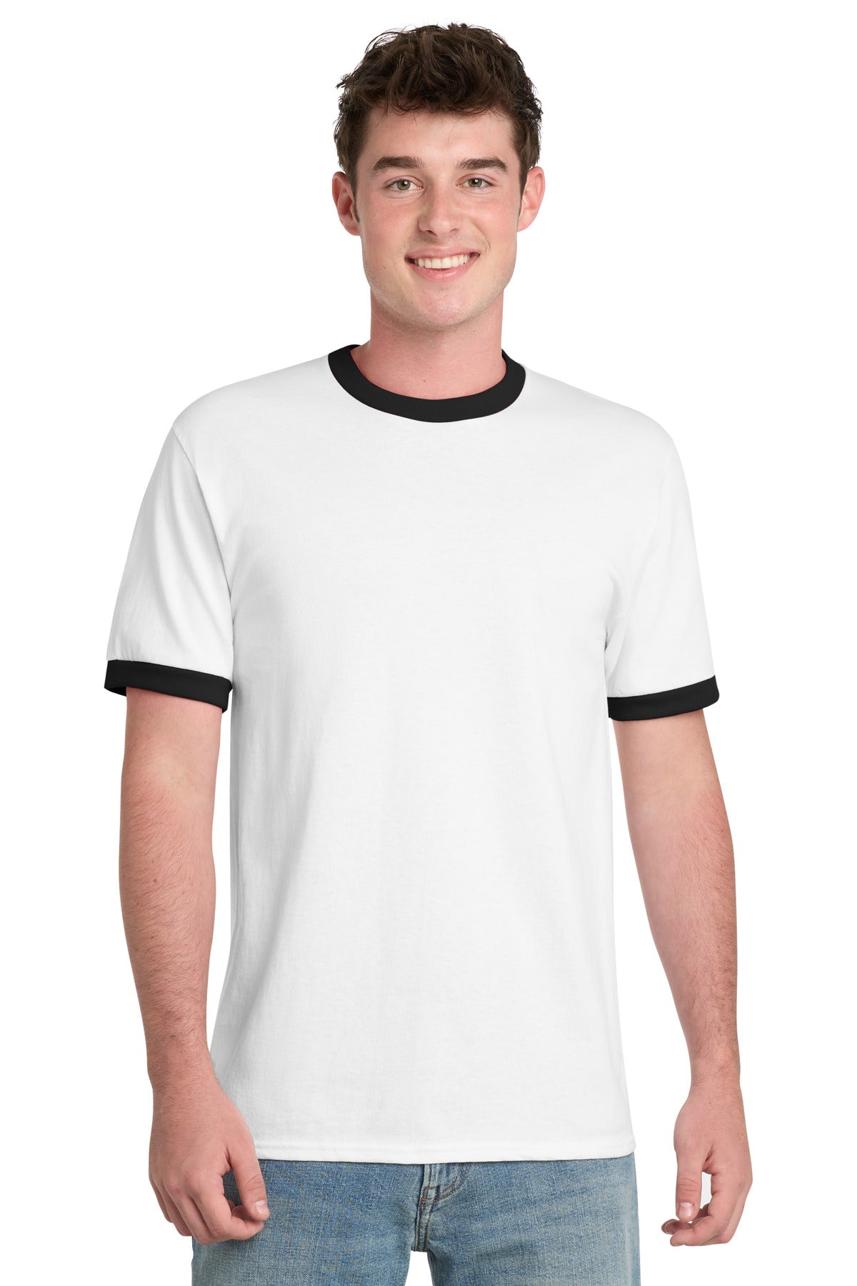 Port & Co Core Cotton Ringer Tee. PC54R - White/ Jet Black - front